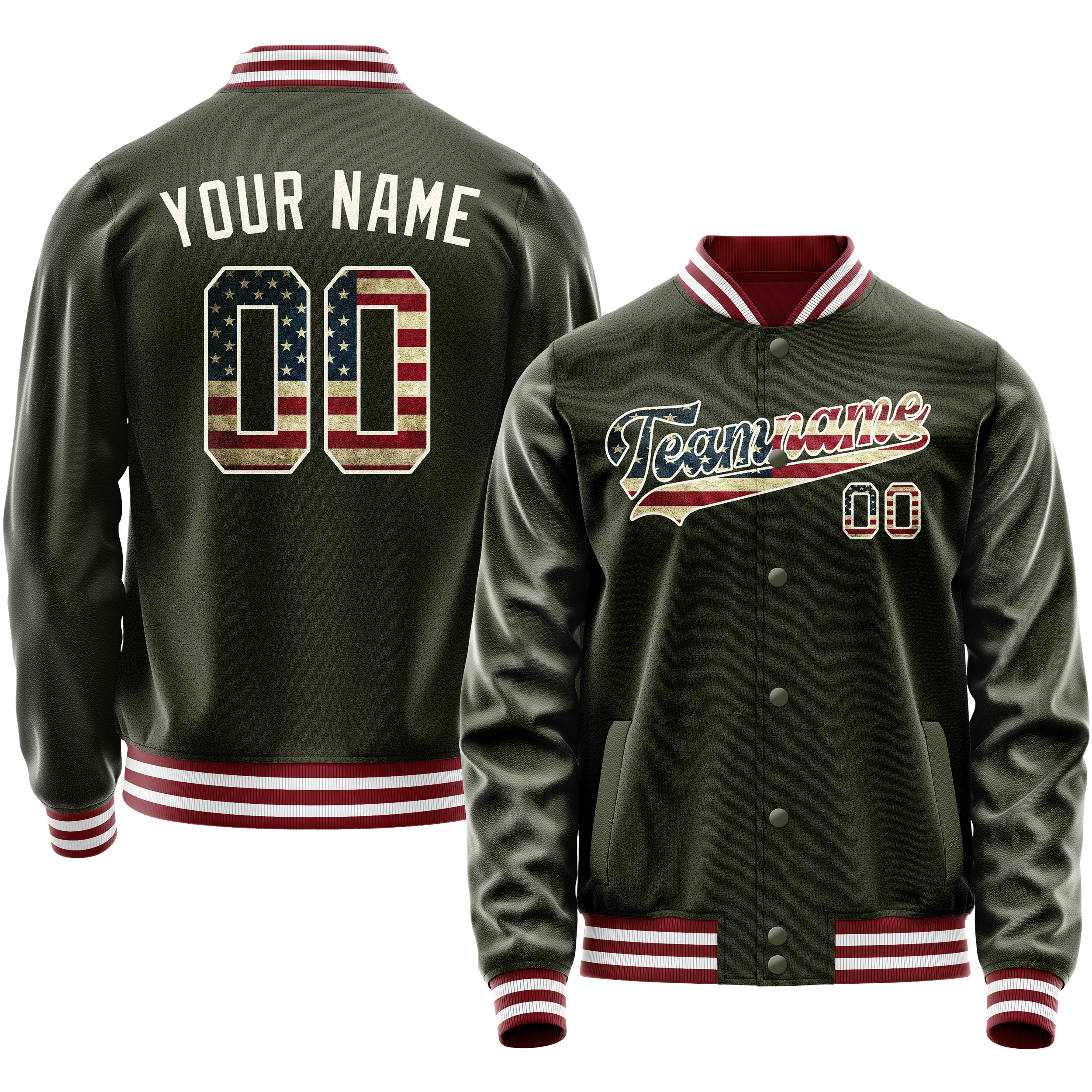 Personalized Olive & Cream Vintage Usa Flag Varsity Letterman Jacket