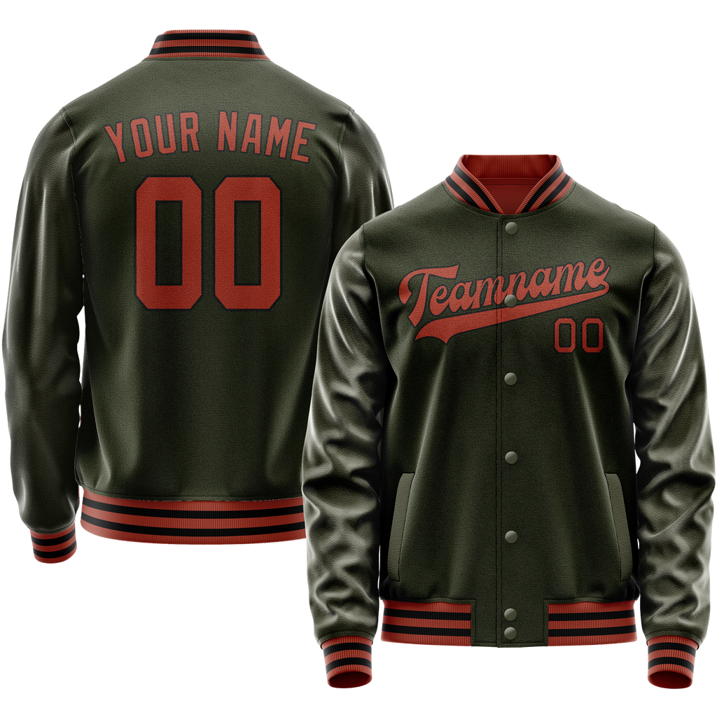 Personalized Olive & Red Solid Color Varsity Letterman Jacket