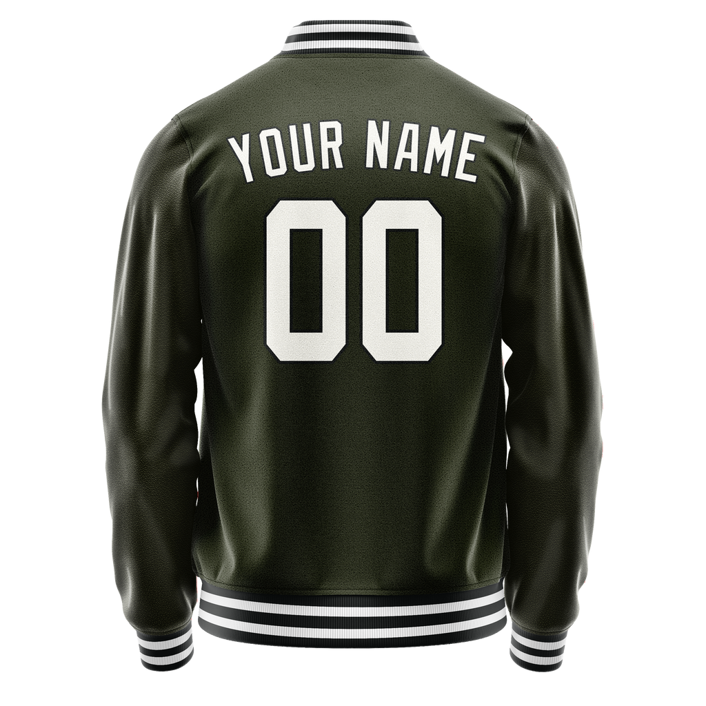 Personalized Olive & White Solid Color Varsity Letterman Jacket
