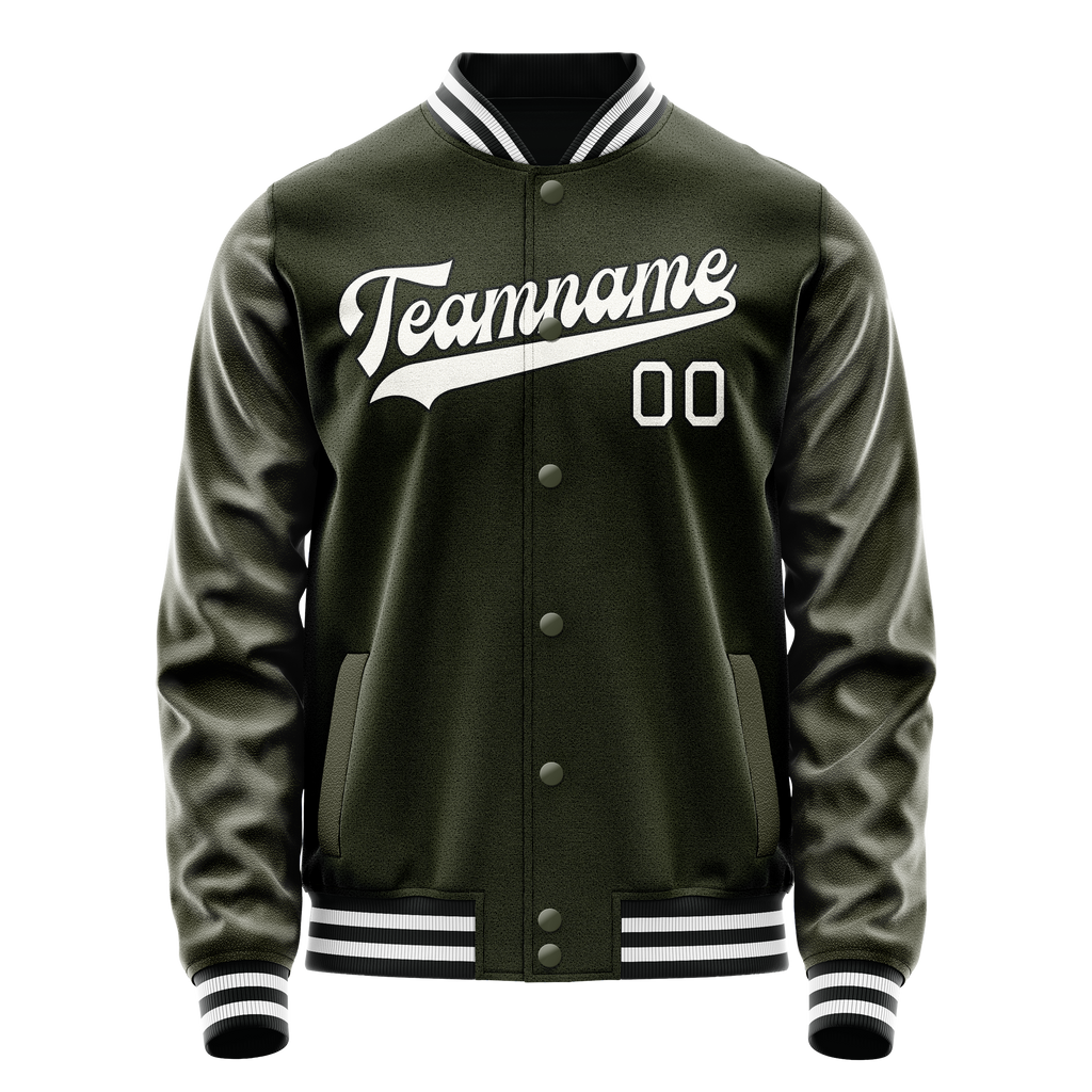 Personalized Olive & White Solid Color Varsity Letterman Jacket