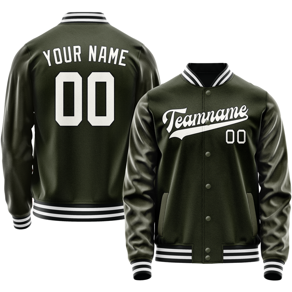 Personalized Olive & White Solid Color Varsity Letterman Jacket