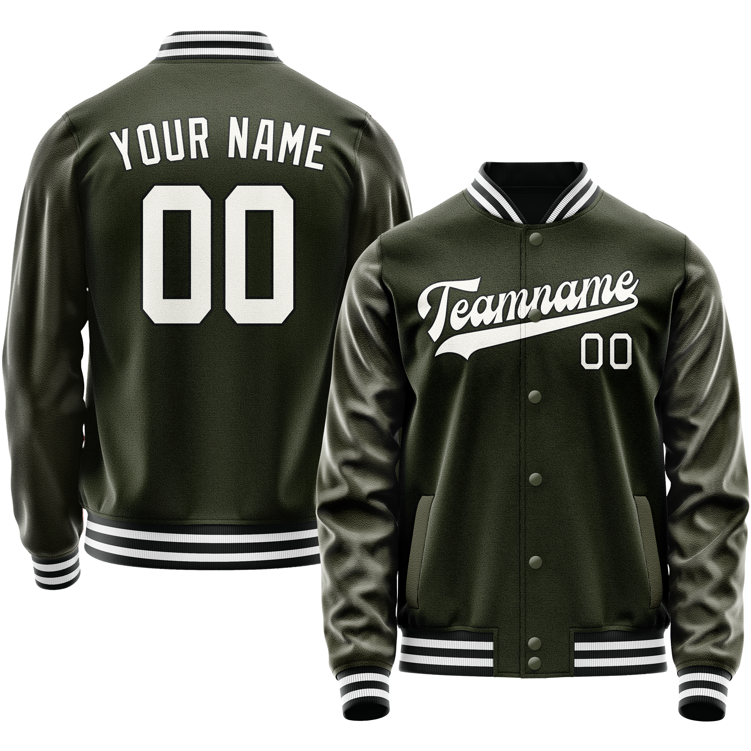 Personalized Olive & White Solid Color Varsity Letterman Jacket