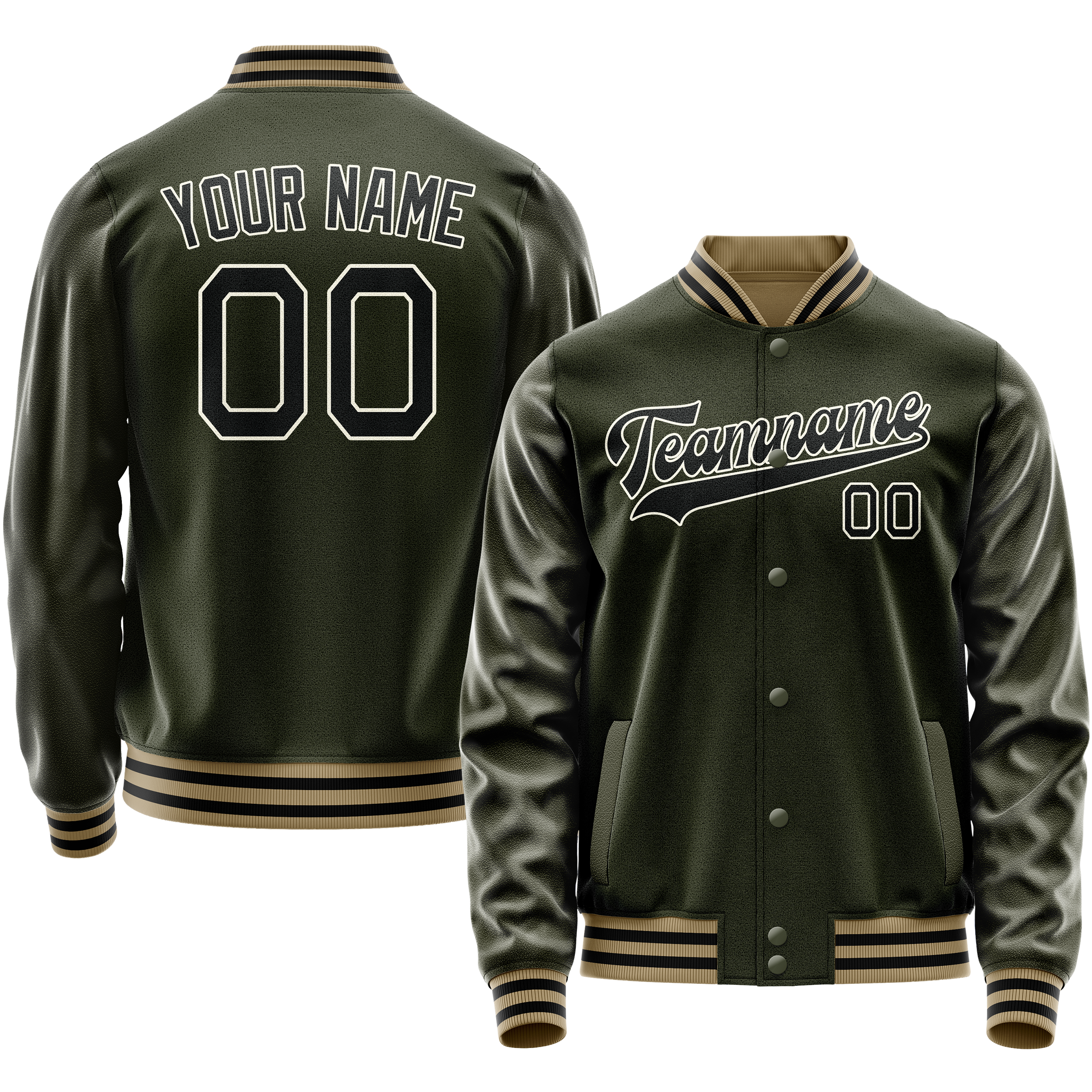 Personalized Olive & Black Solid Color Varsity Letterman Jacket
