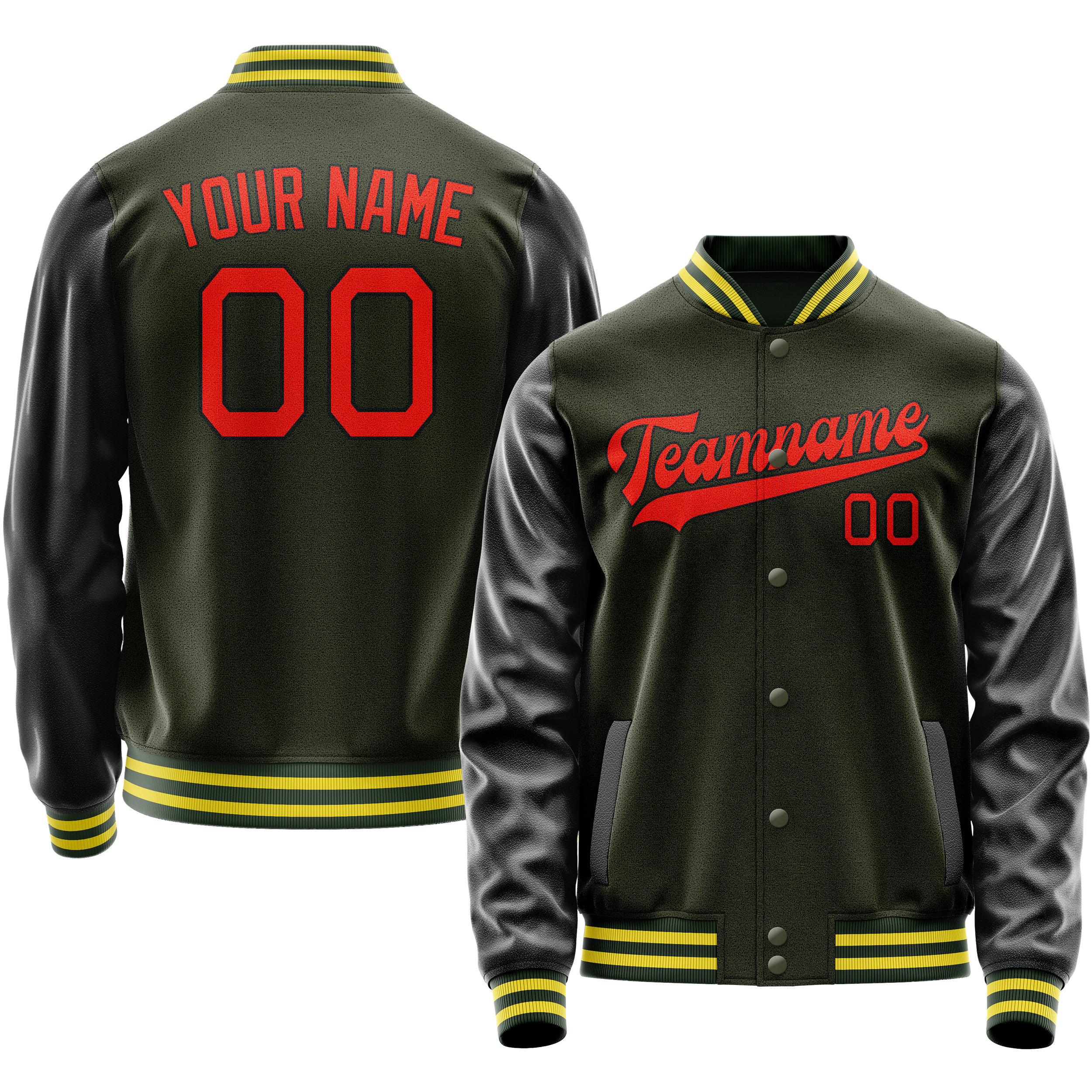 Personalized Olive & Orange Solid Color Varsity Letterman Jacket