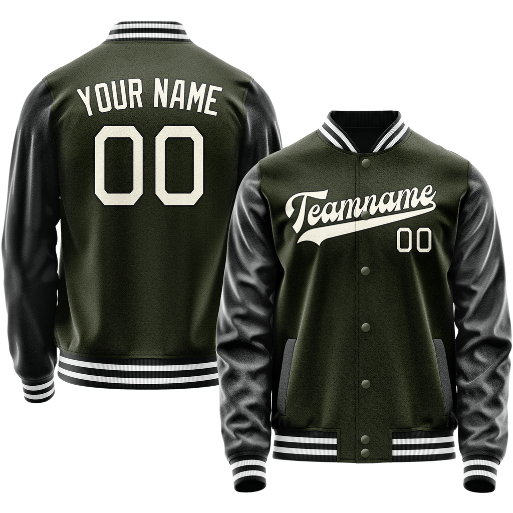 Personalized Olive & Black Solid Color Varsity Letterman Jacket