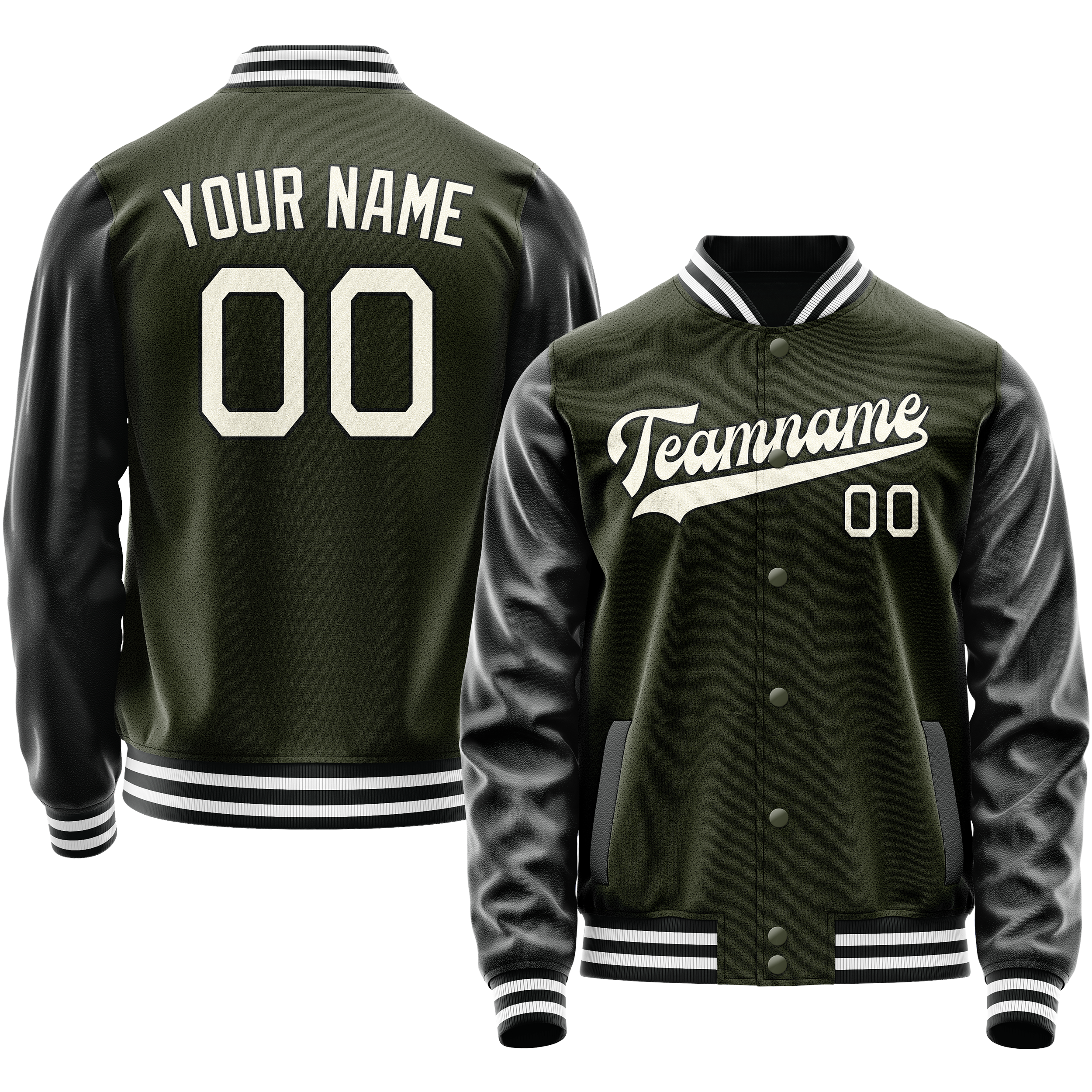 Personalized Olive & Black Solid Color Varsity Letterman Jacket