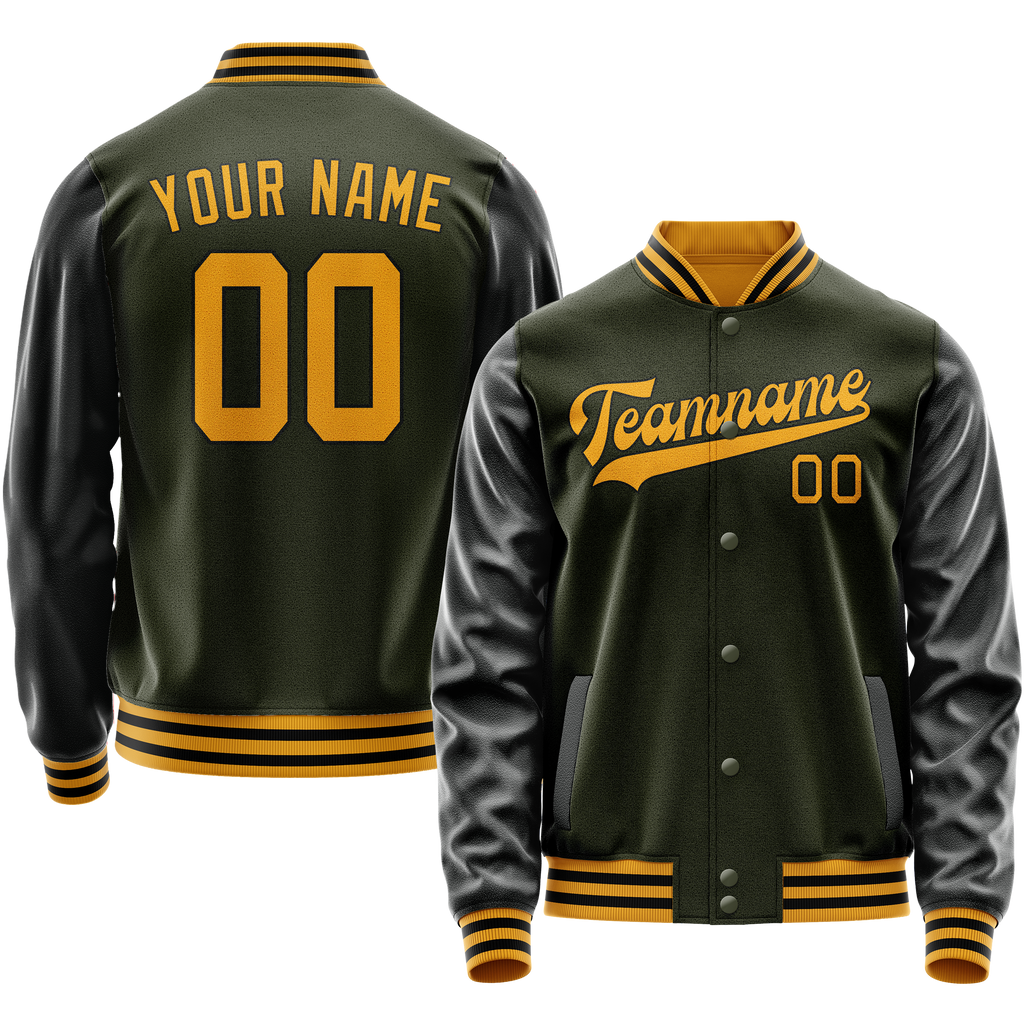 Personalized Olive & Black Solid Color Varsity Letterman Jacket