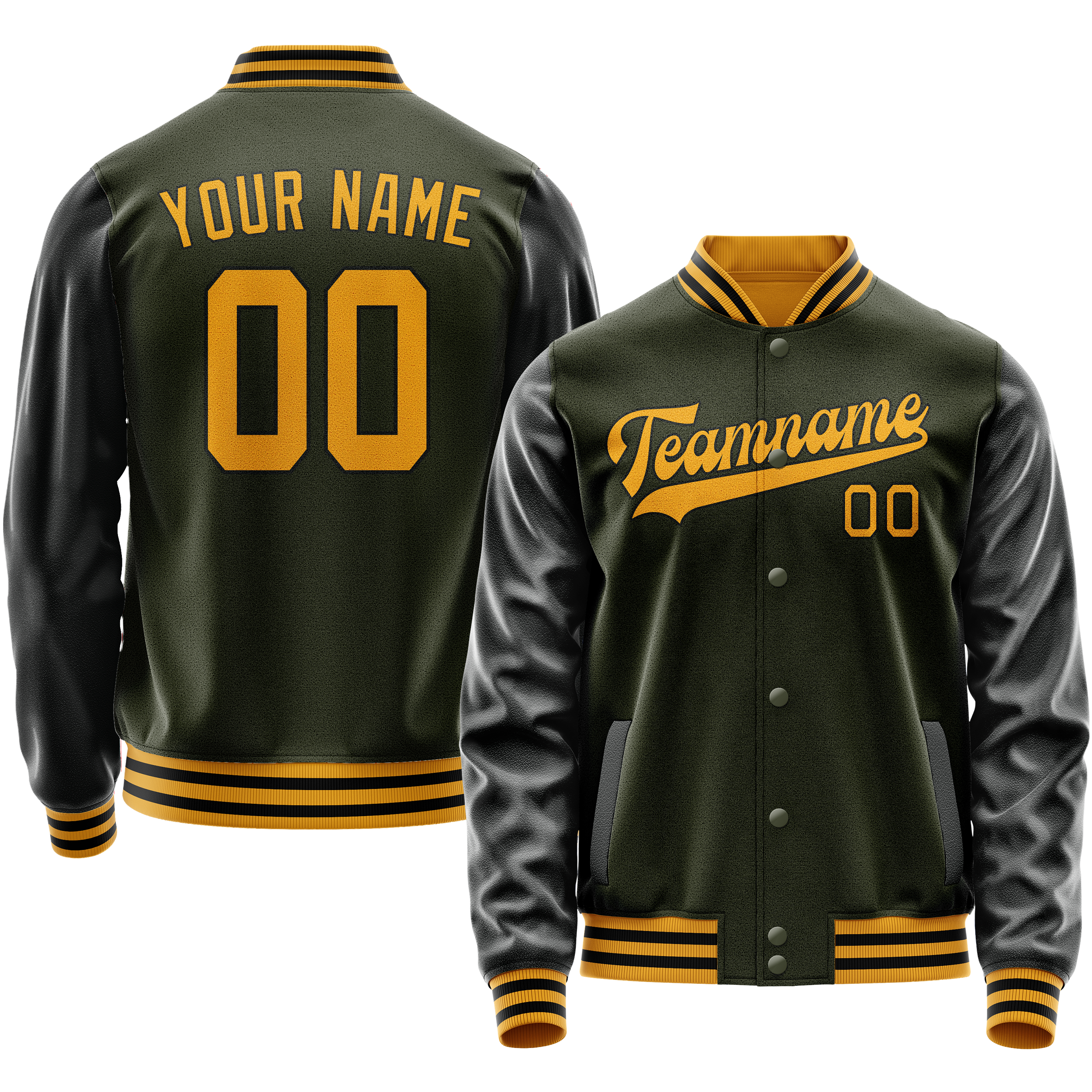 Personalized Olive & Black Solid Color Varsity Letterman Jacket