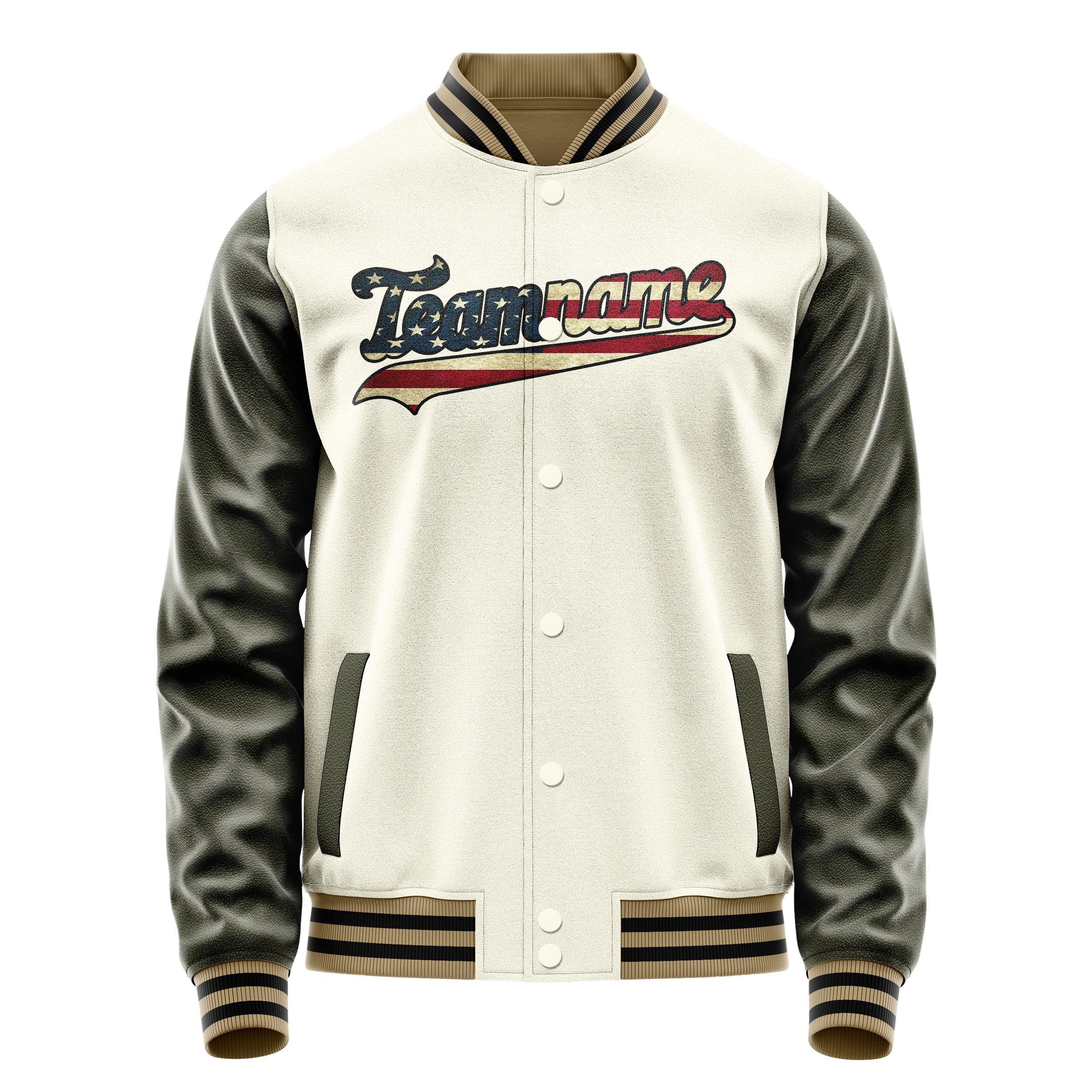 Personalized Cream & Vintage-Usa-Flag Solid Color Varsity Letterman Jacket