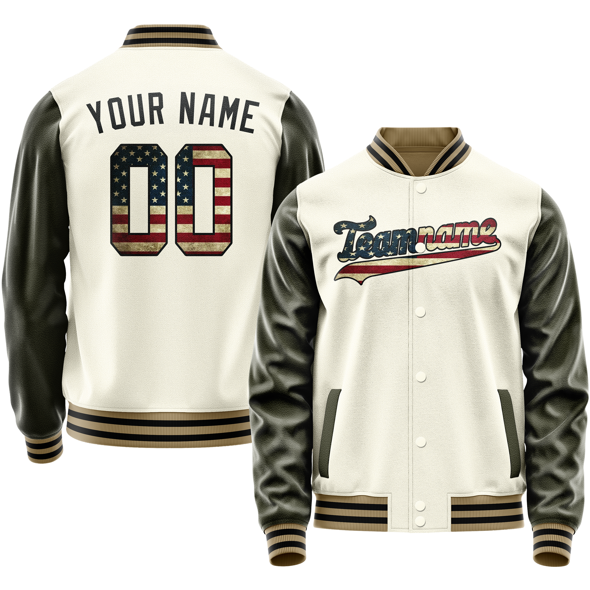 Personalized Cream & Vintage-Usa-Flag Solid Color Varsity Letterman Jacket