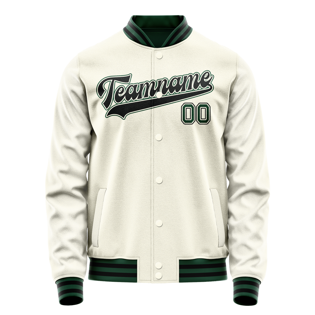 Personalized Cream & Green Solid Color Varsity Letterman Jacket
