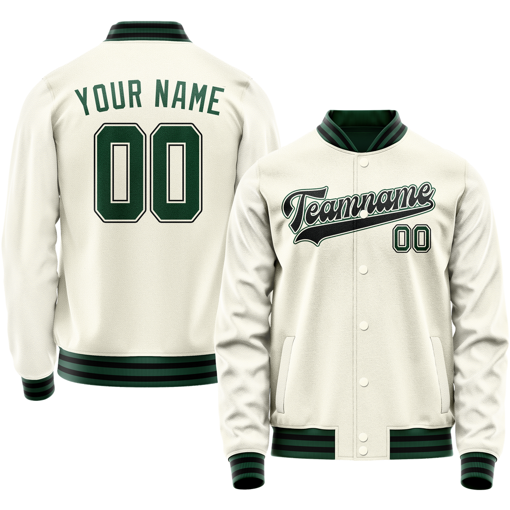 Personalized Cream & Green Solid Color Varsity Letterman Jacket