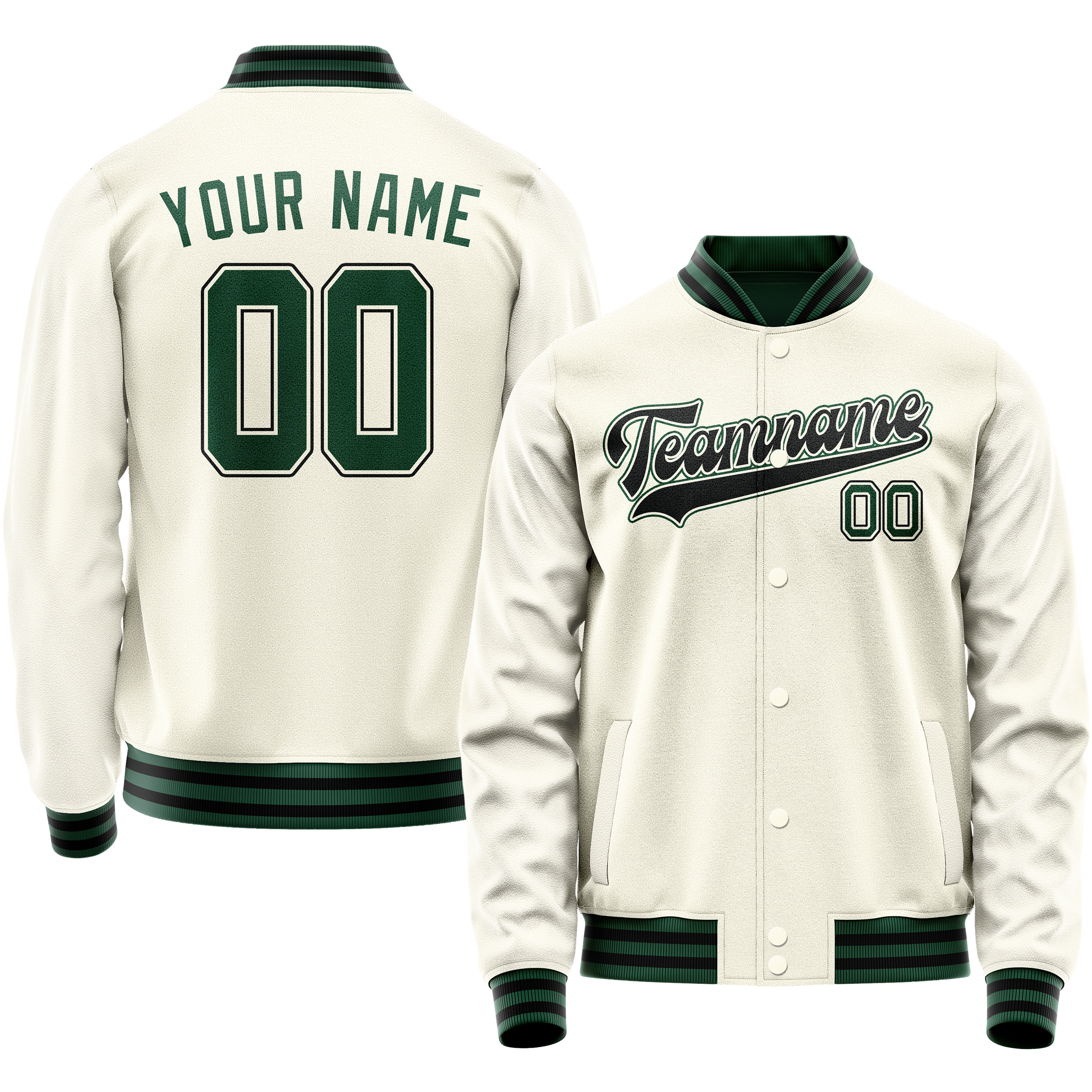 Personalized Cream & Green Solid Color Varsity Letterman Jacket