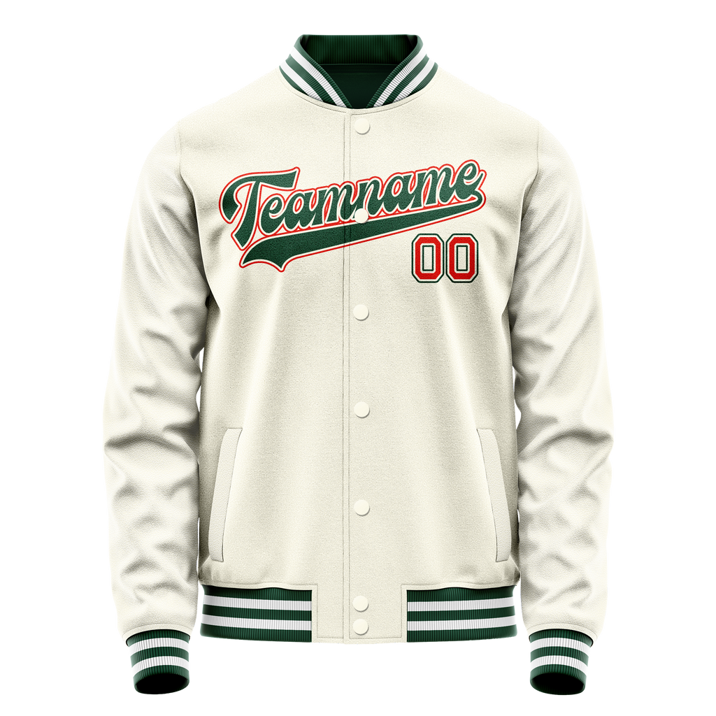 Personalized Cream & Green Solid Color Varsity Letterman Jacket