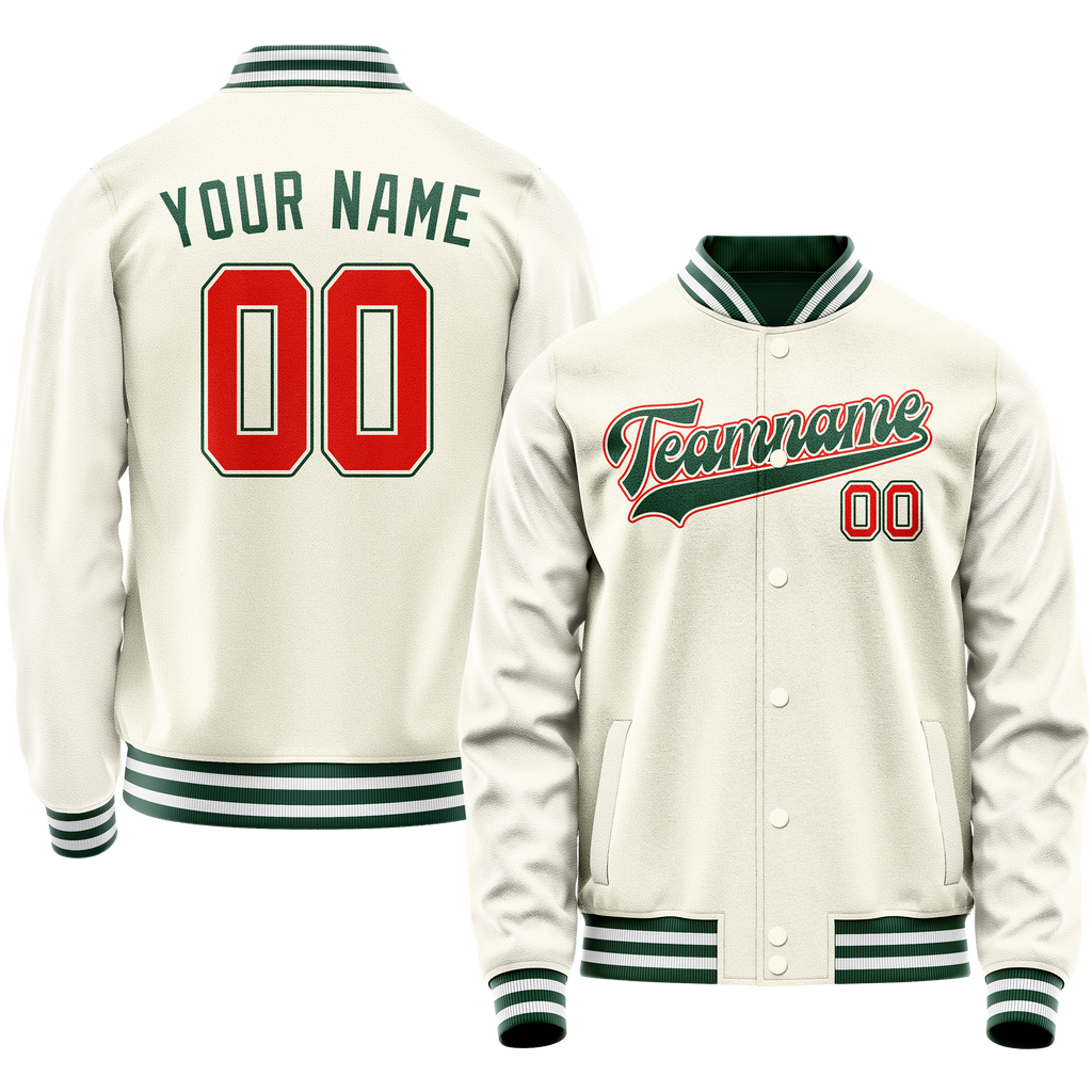 Personalized Cream & Green Solid Color Varsity Letterman Jacket