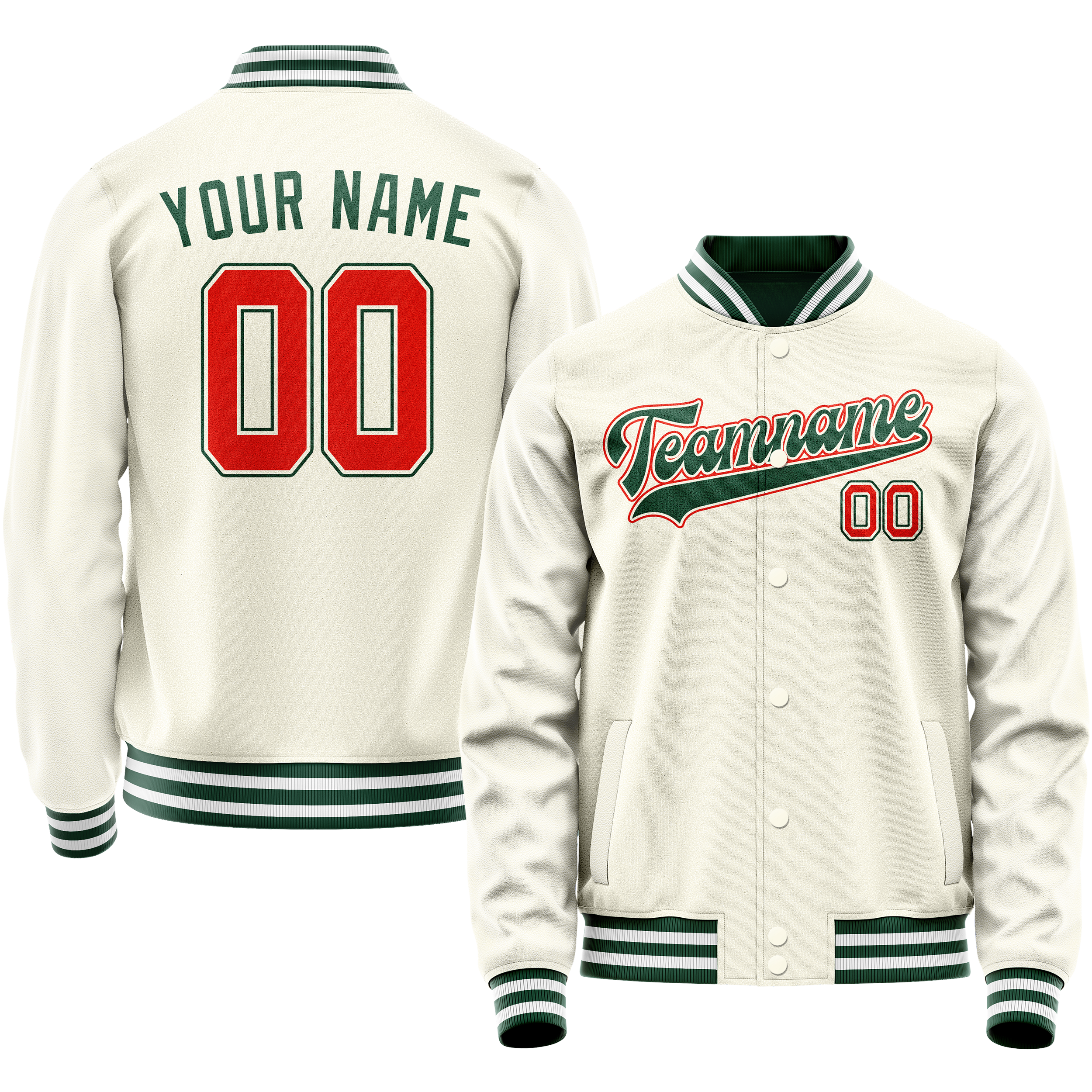 Personalized Cream & Green Solid Color Varsity Letterman Jacket