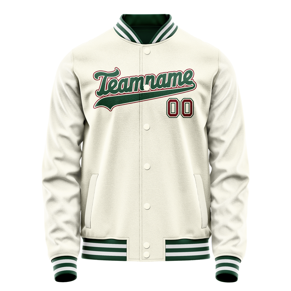 Personalized Cream & Green Solid Color Varsity Letterman Jacket