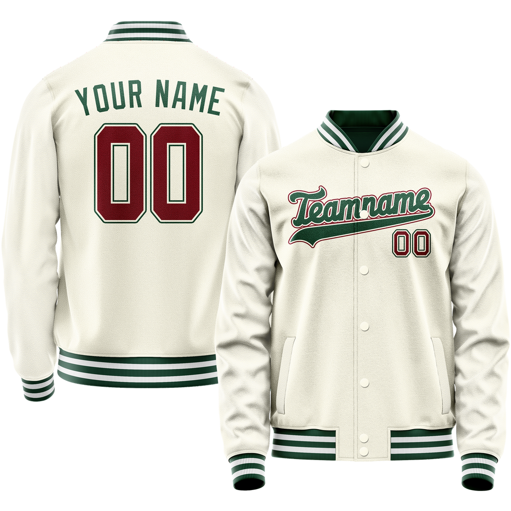 Personalized Cream & Green Solid Color Varsity Letterman Jacket