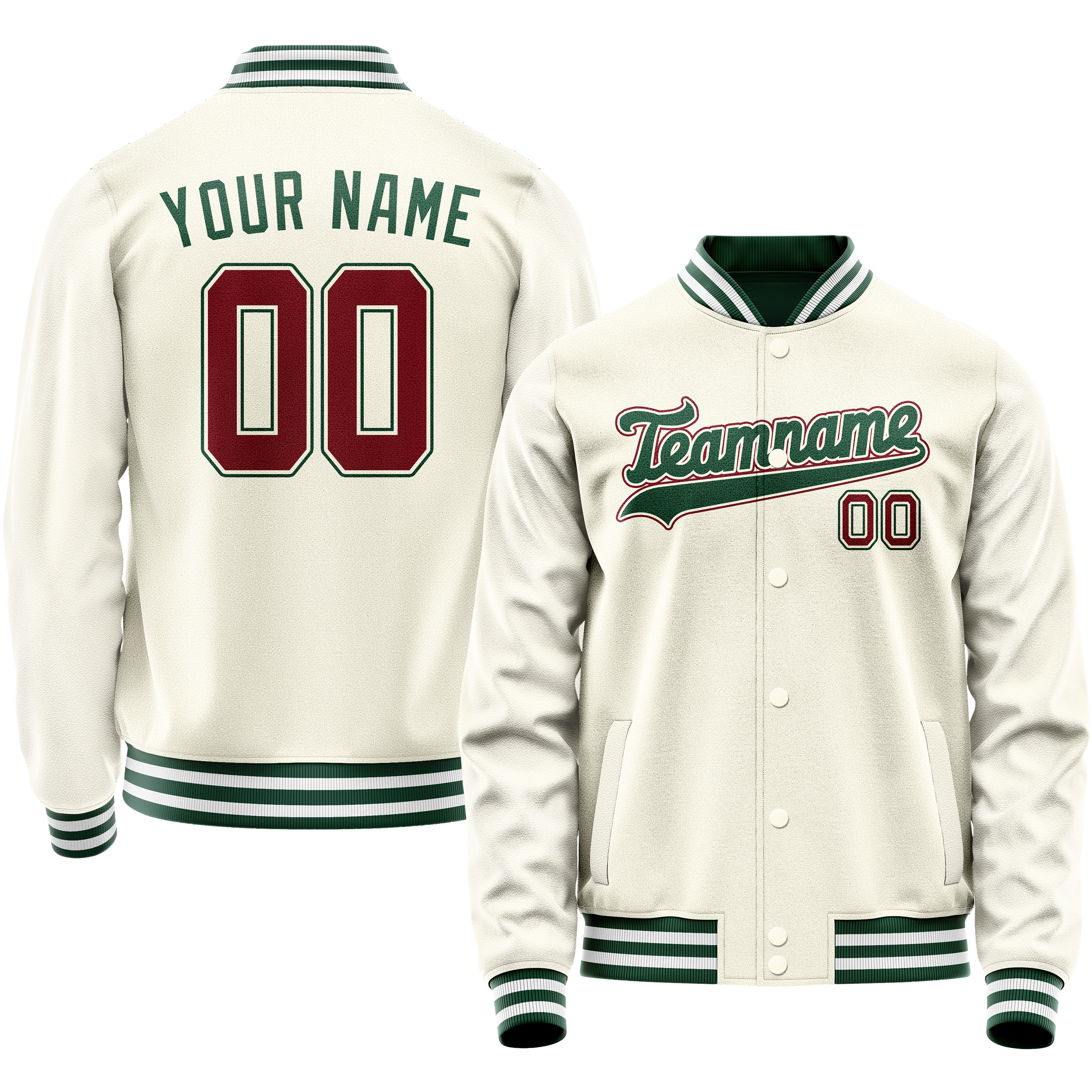 Personalized Cream & Green Solid Color Varsity Letterman Jacket