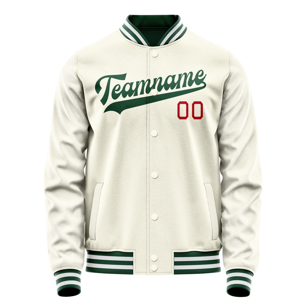 Personalized Cream & Green Solid Color Varsity Letterman Jacket