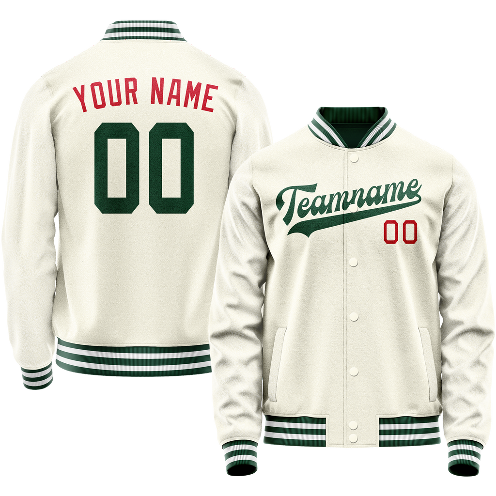 Personalized Cream & Green Solid Color Varsity Letterman Jacket