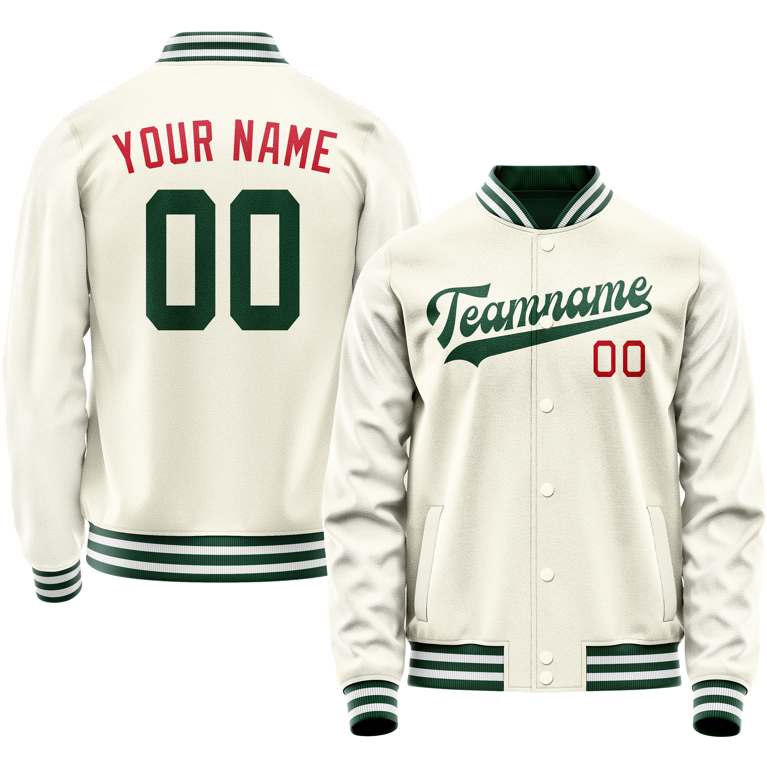 Personalized Cream & Green Solid Color Varsity Letterman Jacket