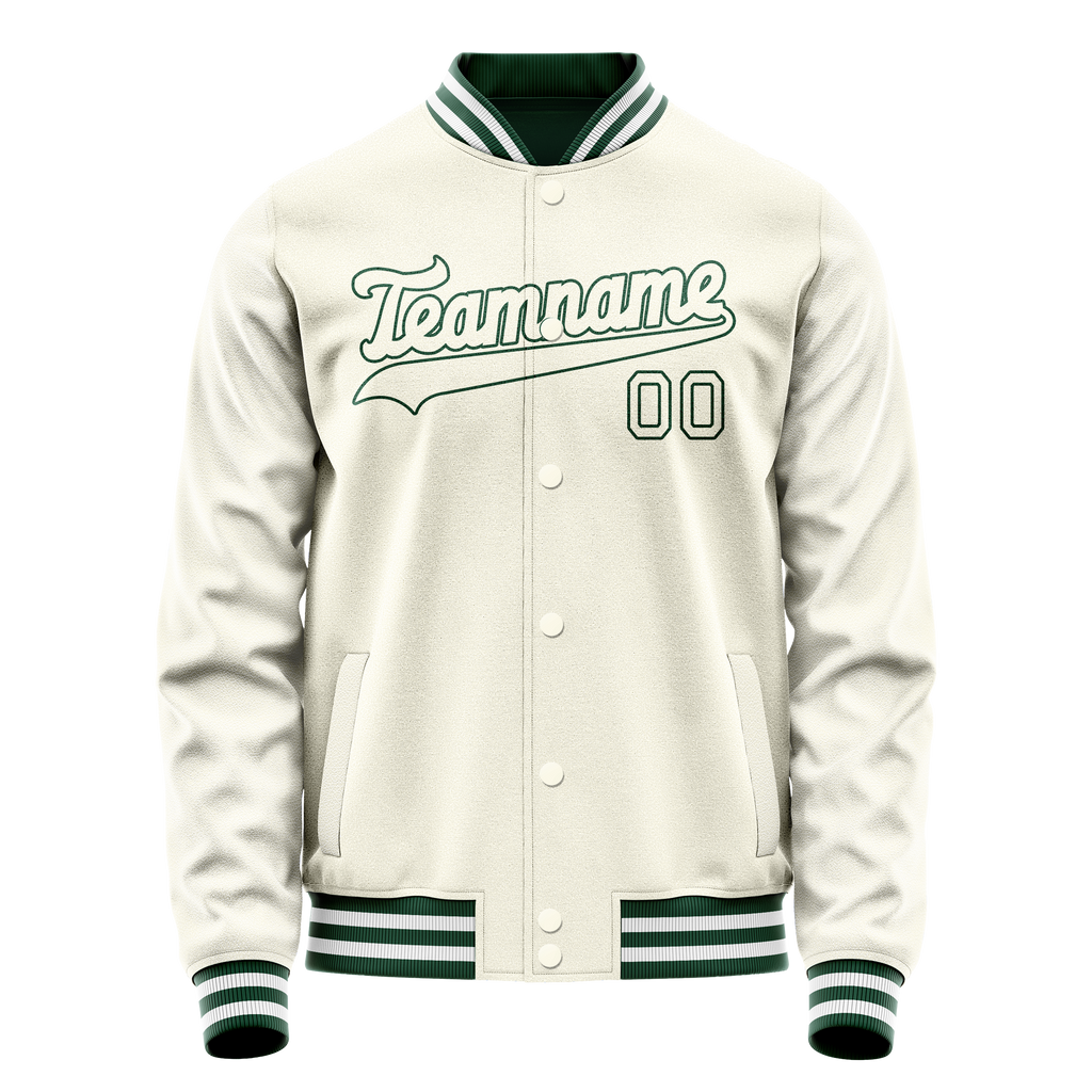 Personalized Cream & Green Solid Color Varsity Letterman Jacket