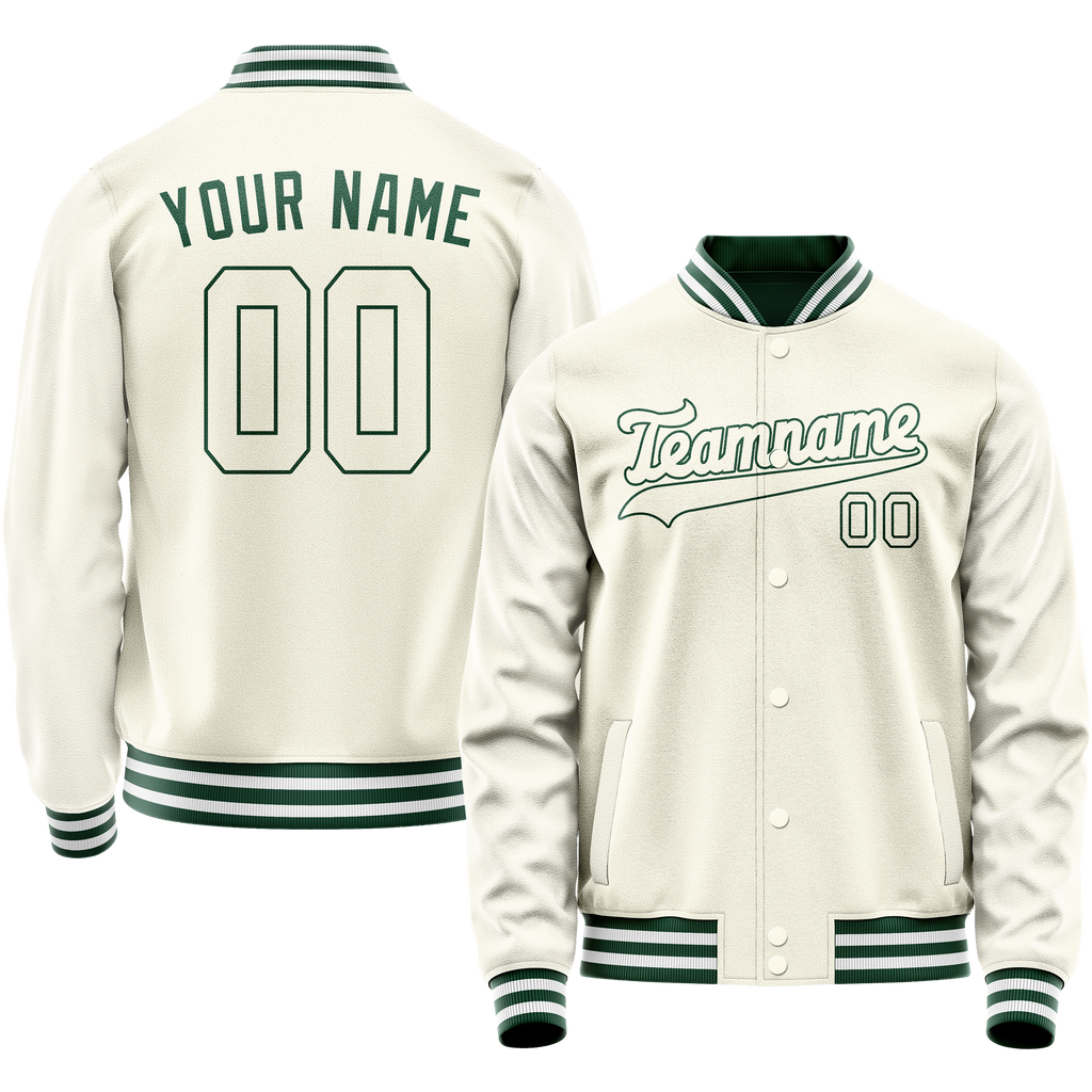 Personalized Cream & Green Solid Color Varsity Letterman Jacket
