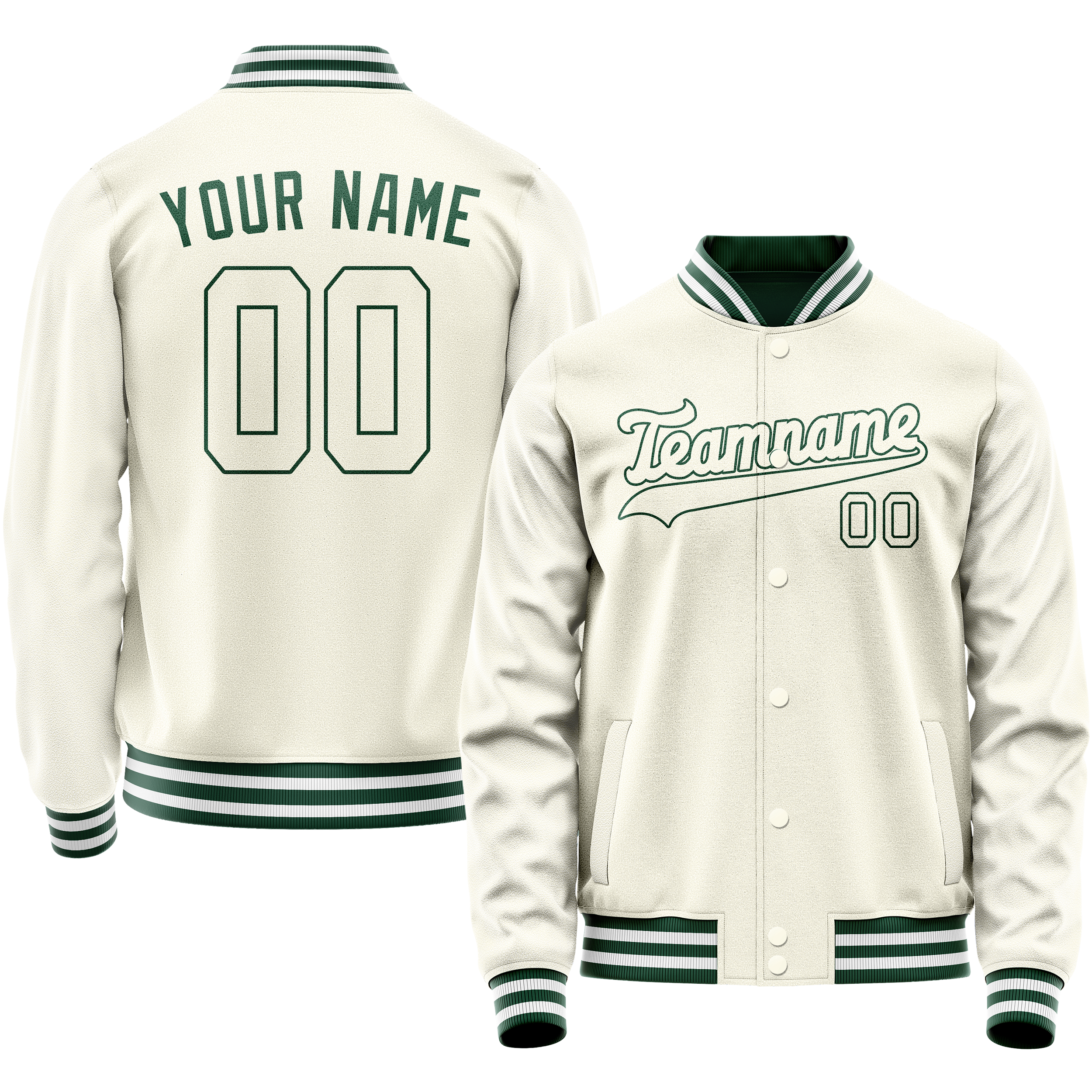 Personalized Cream & Green Solid Color Varsity Letterman Jacket