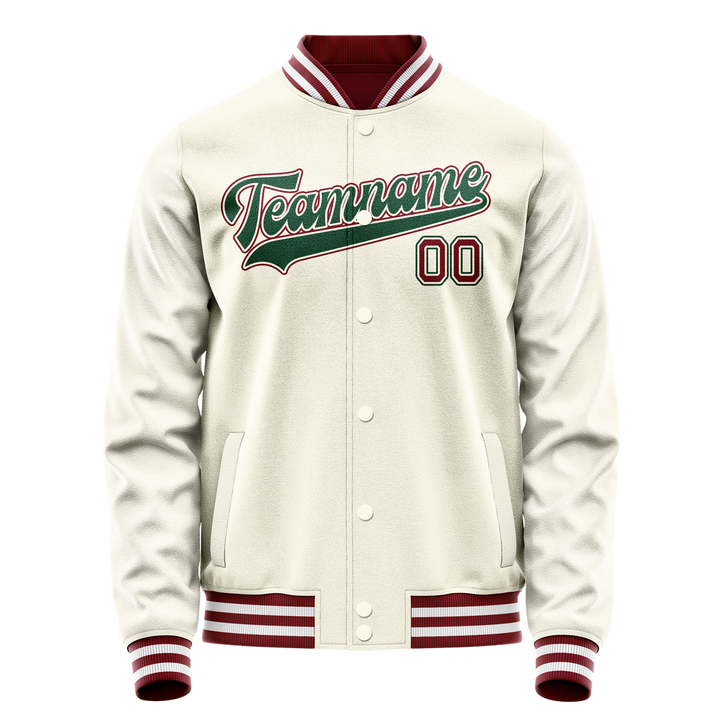Personalized Cream & Green Solid Color Varsity Letterman Jacket