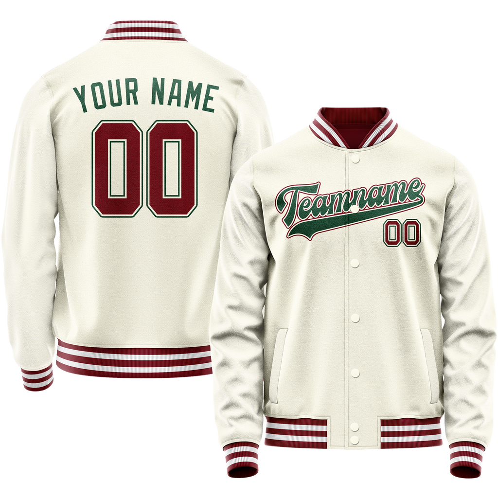 Personalized Cream & Green Solid Color Varsity Letterman Jacket