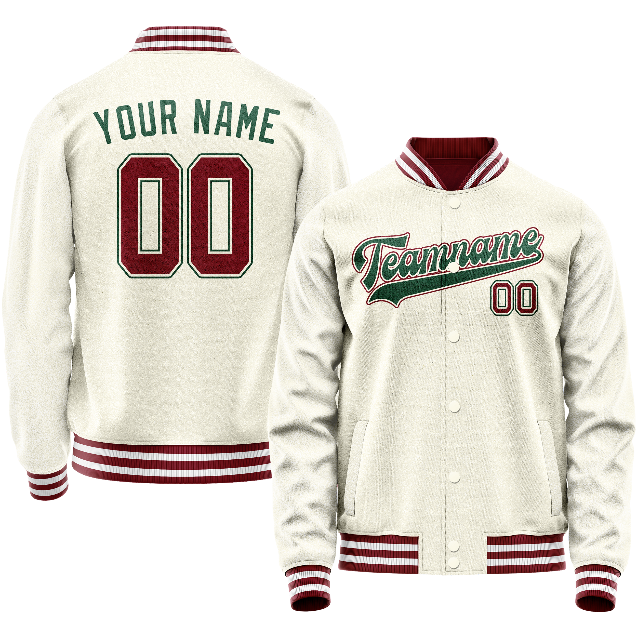 Personalized Cream & Green Solid Color Varsity Letterman Jacket