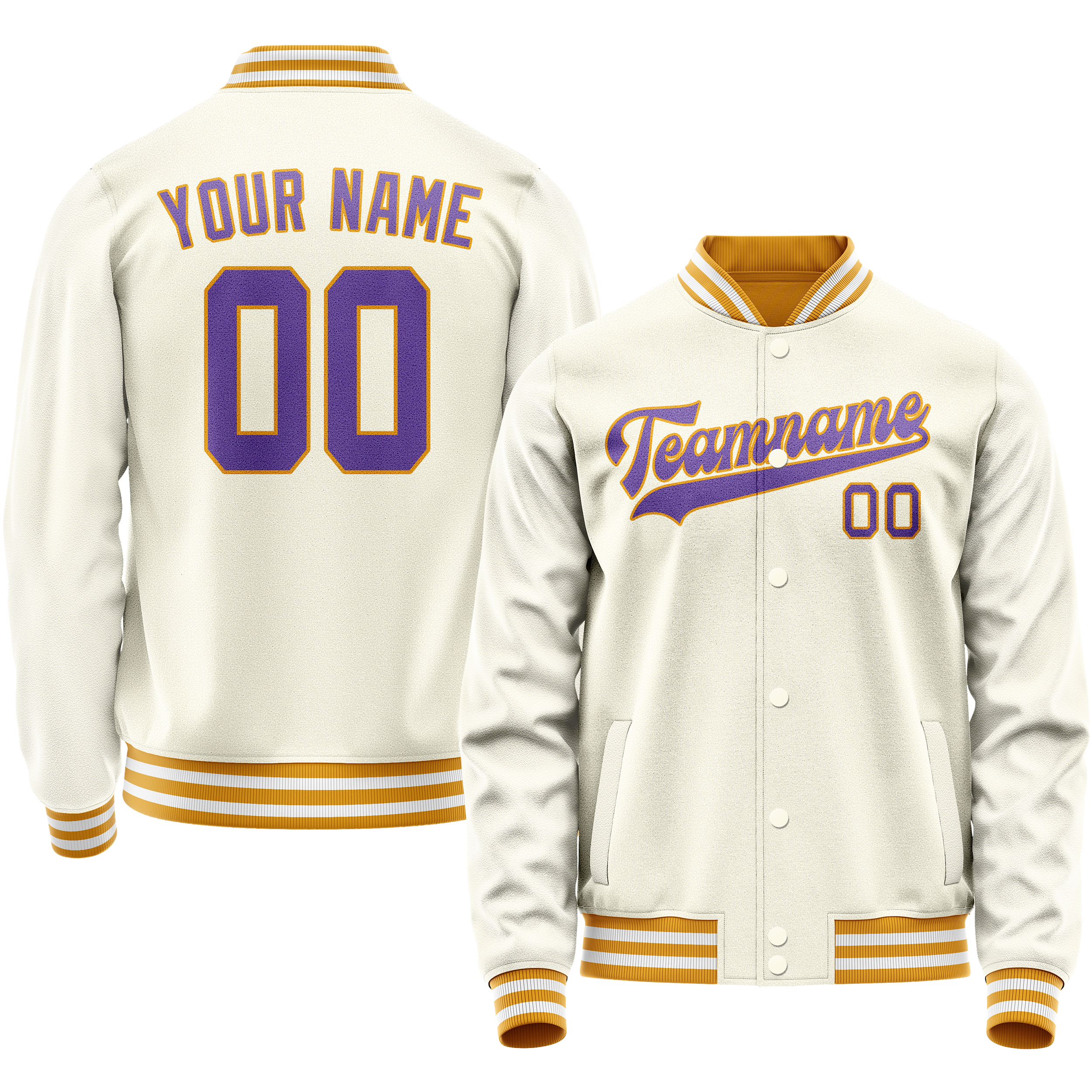 Personalized Cream & Purple Solid Color Varsity Letterman Jacket