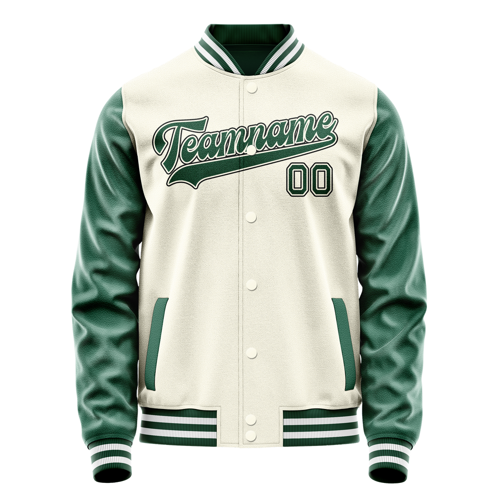Personalized Cream & Green Solid Color Varsity Letterman Jacket
