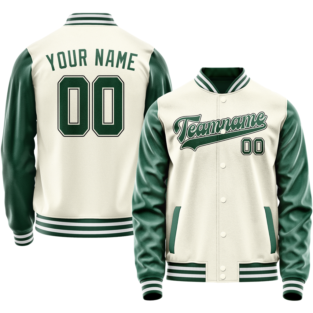 Personalized Cream & Green Solid Color Varsity Letterman Jacket