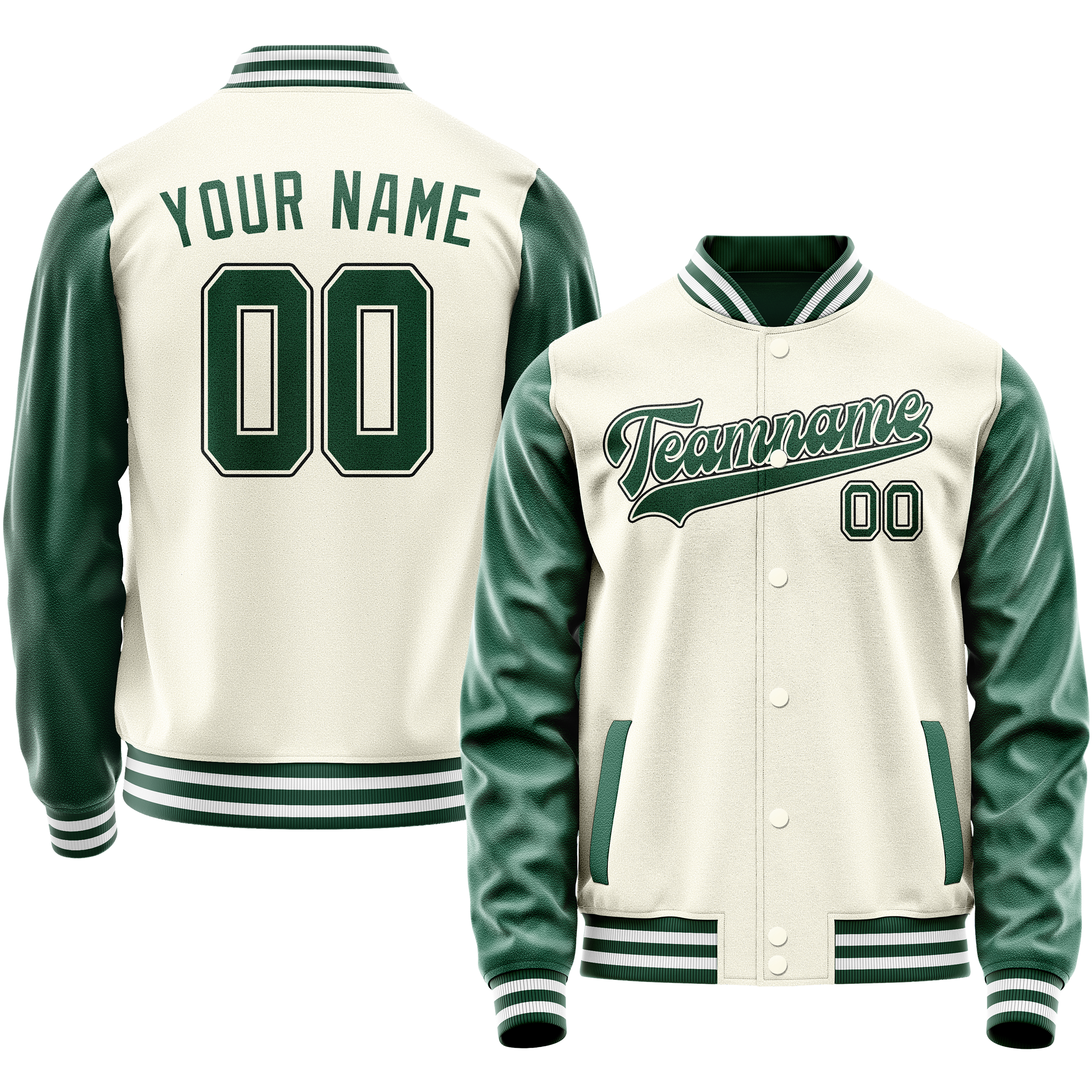 Personalized Cream & Green Solid Color Varsity Letterman Jacket