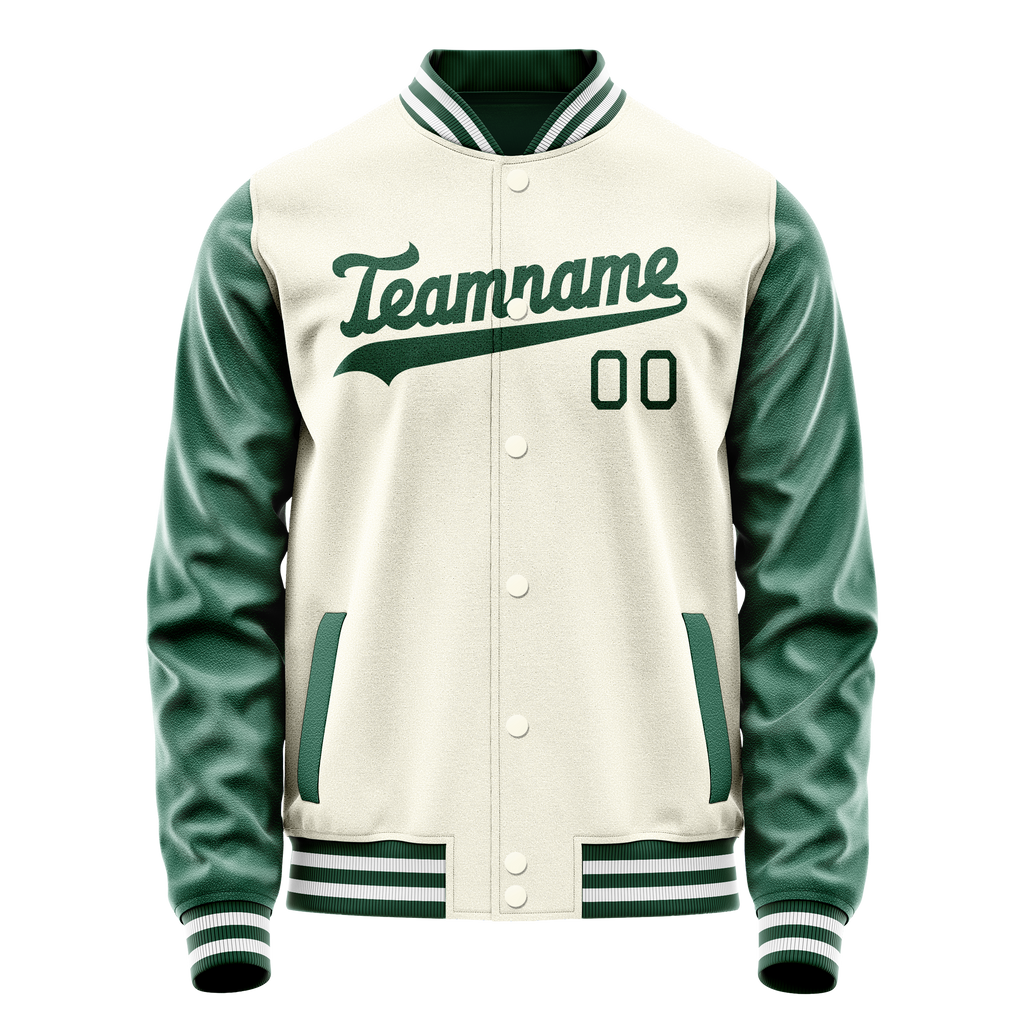 Personalized Cream & Green Solid Color Varsity Letterman Jacket