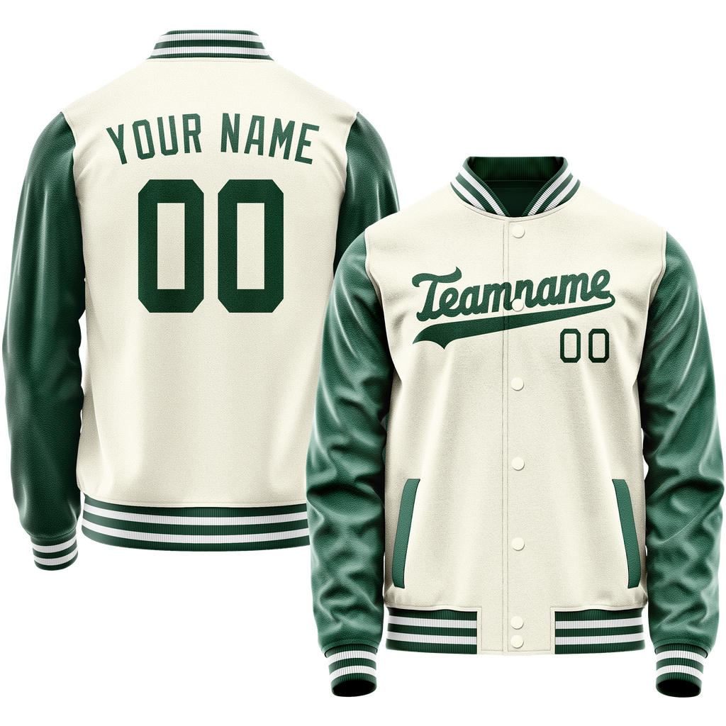Personalized Cream & Green Solid Color Varsity Letterman Jacket