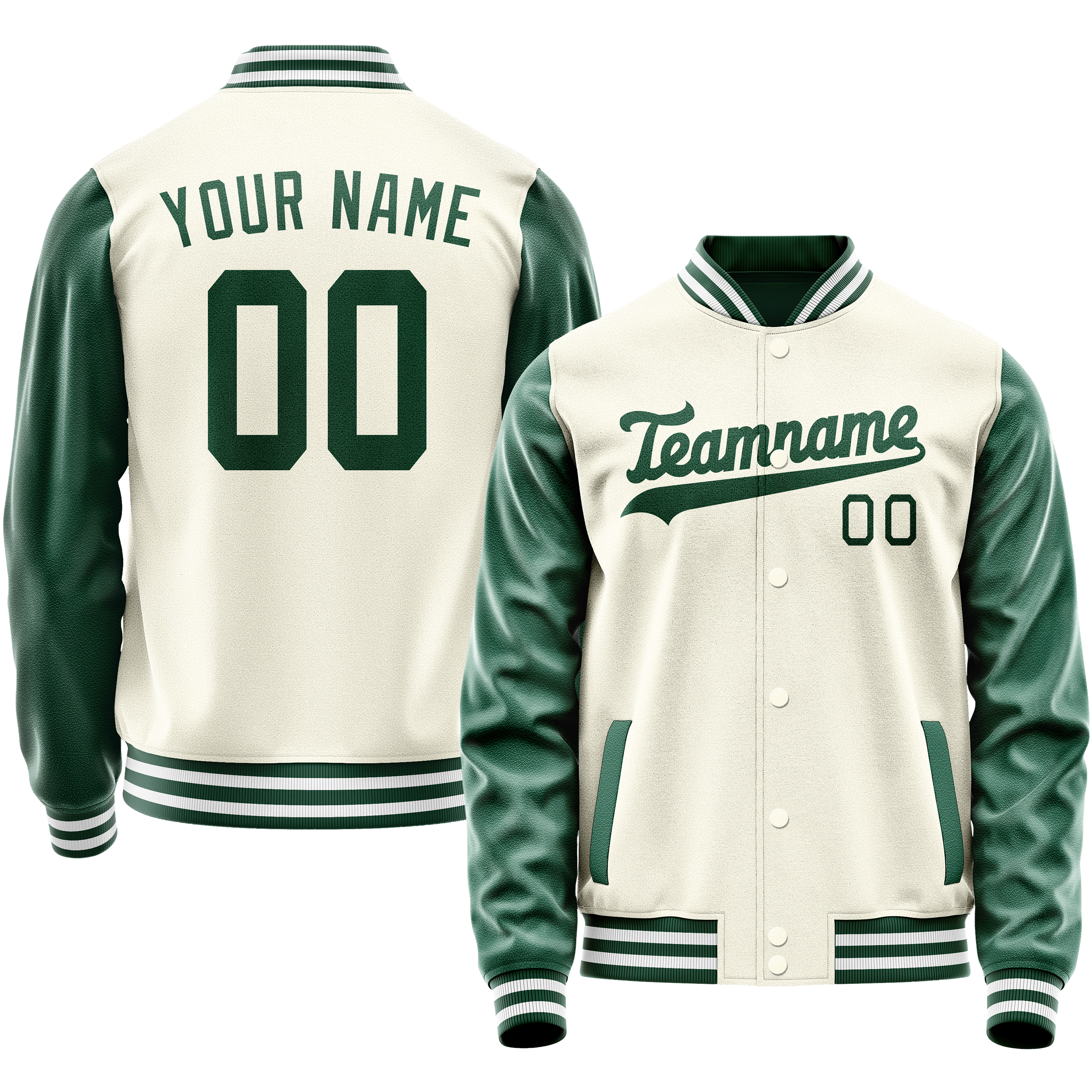 Personalized Cream & Green Solid Color Varsity Letterman Jacket