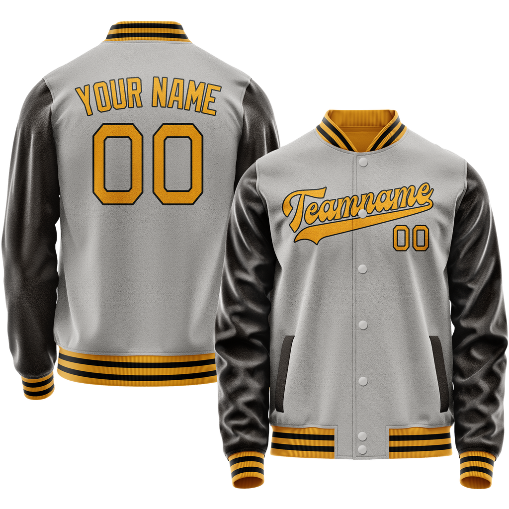Personalized Gray & Brown Solid Color Varsity Letterman Jacket
