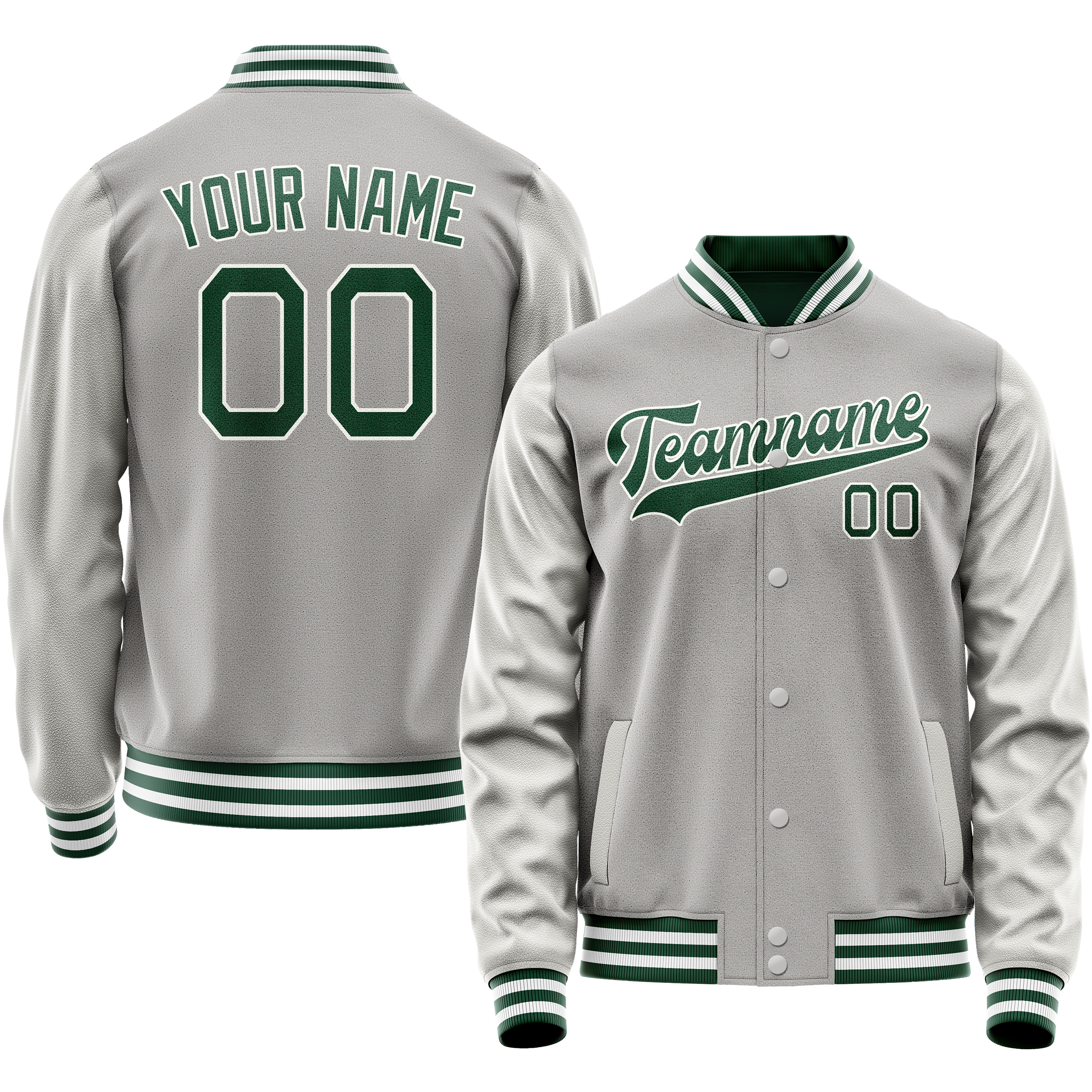 Personalized Gray & Green Solid Color Varsity Letterman Jacket