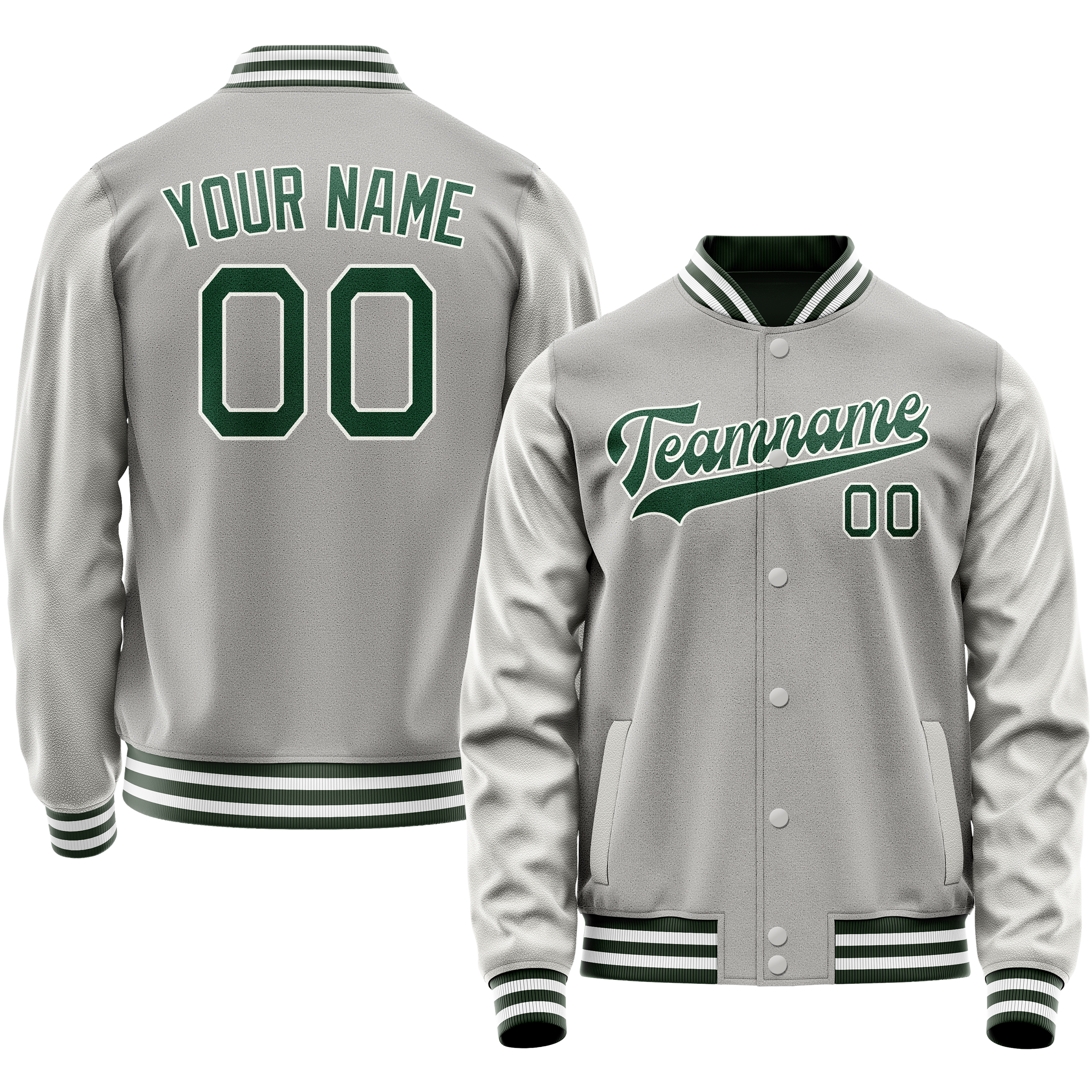Personalized Gray & Green Solid Color Varsity Letterman Jacket