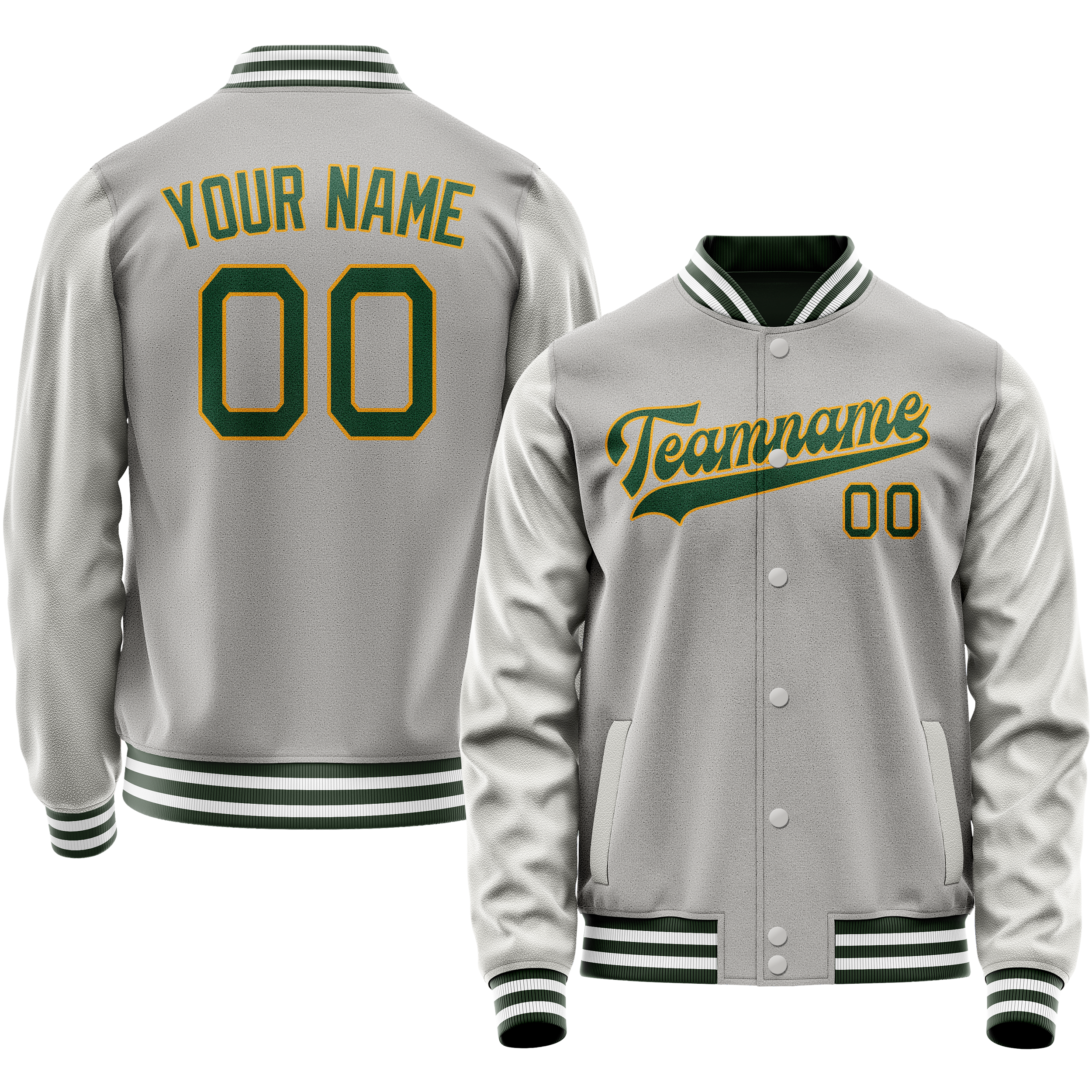 Personalized Gray & Green Solid Color Varsity Letterman Jacket