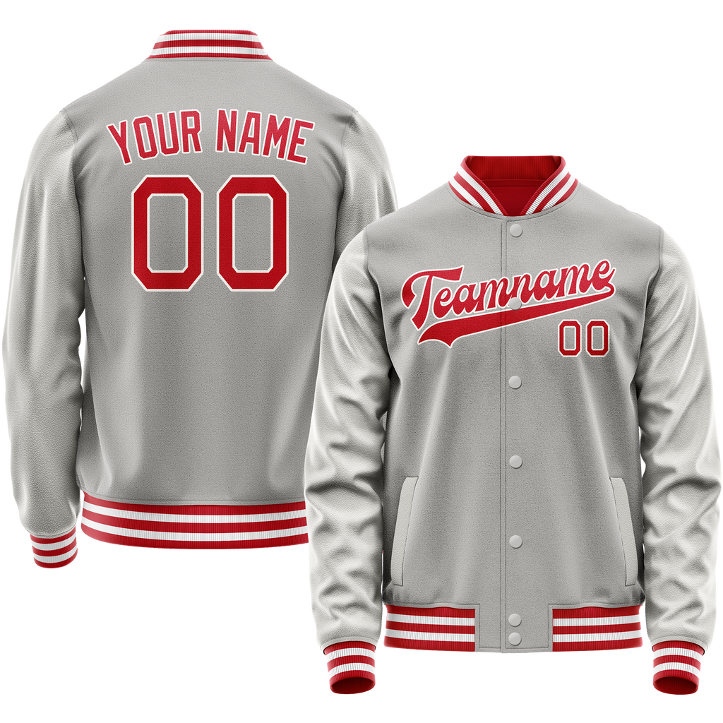 Personalized Gray & Red Solid Color Varsity Letterman Jacket
