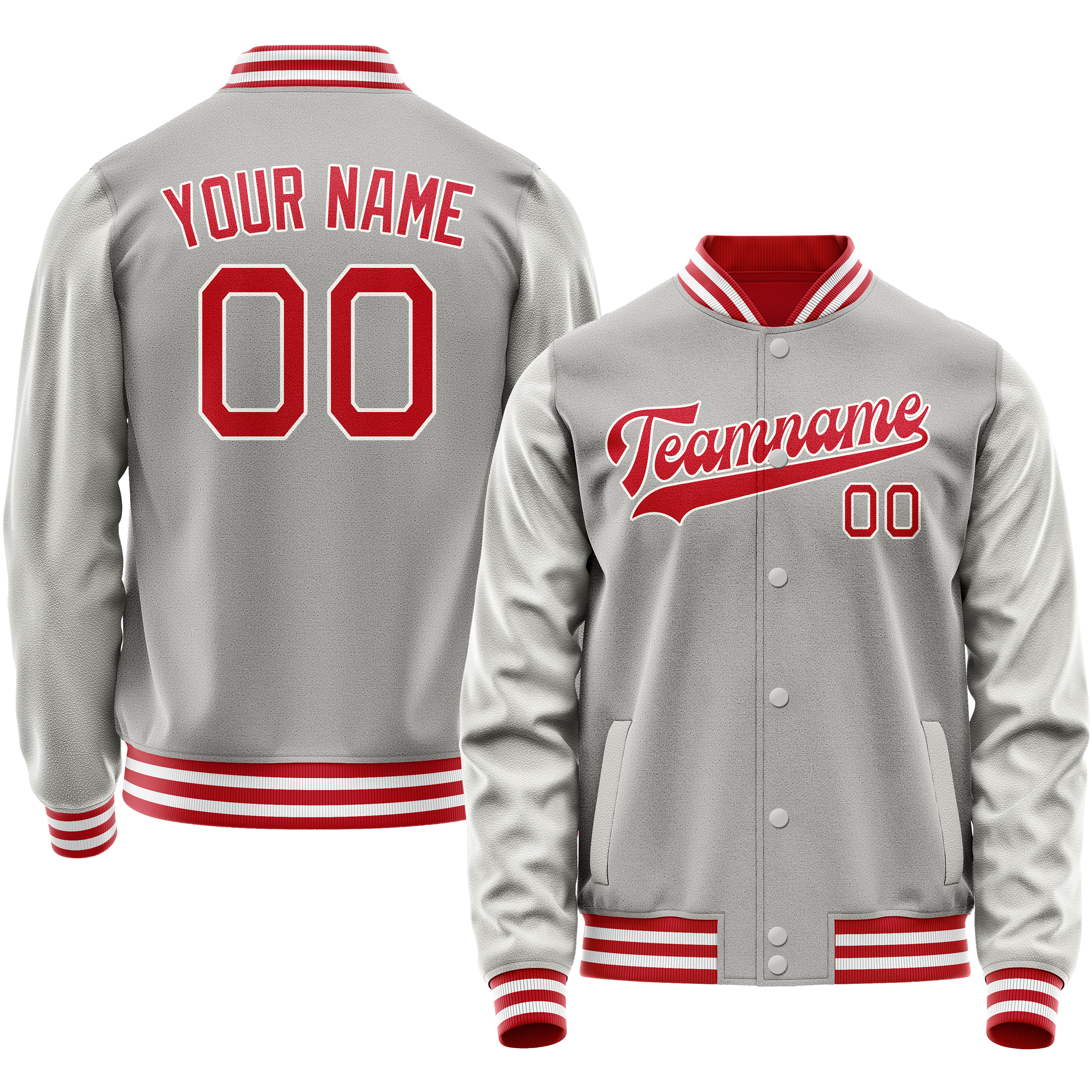 Personalized Gray & Red Solid Color Varsity Letterman Jacket