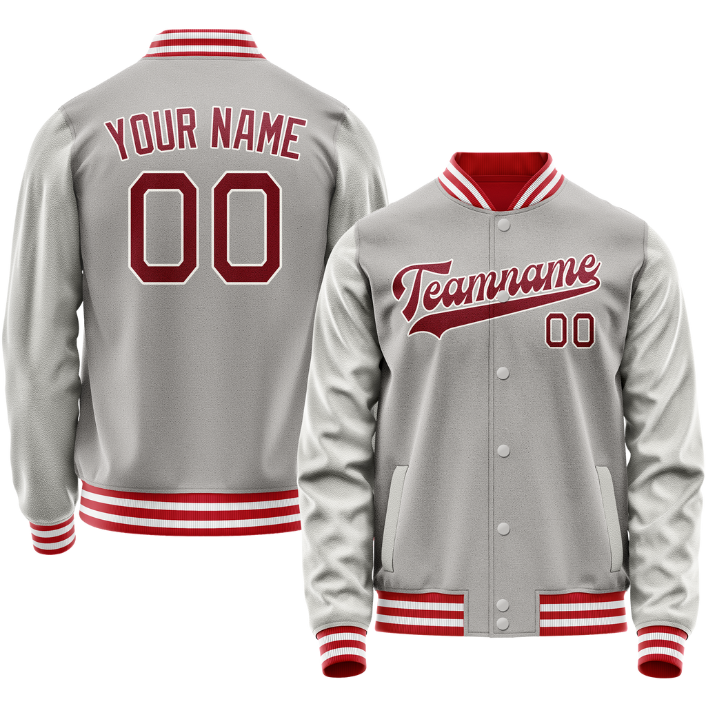 Personalized Gray & Red Solid Color Varsity Letterman Jacket