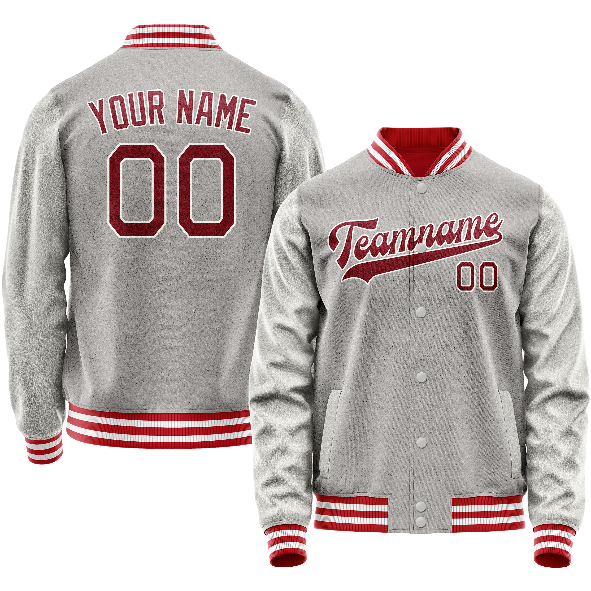 Personalized Gray & Red Solid Color Varsity Letterman Jacket