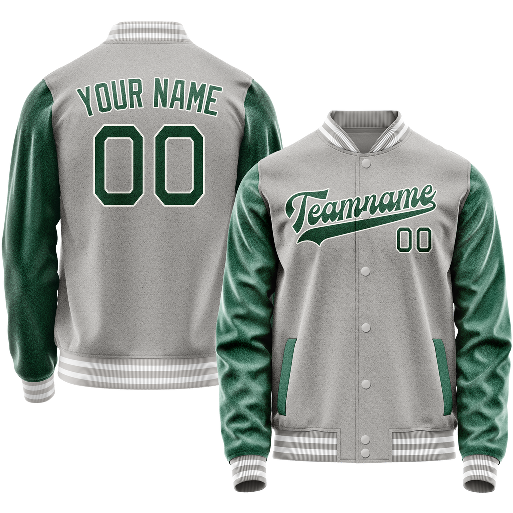 Personalized Gray & Green Solid Color Varsity Letterman Jacket