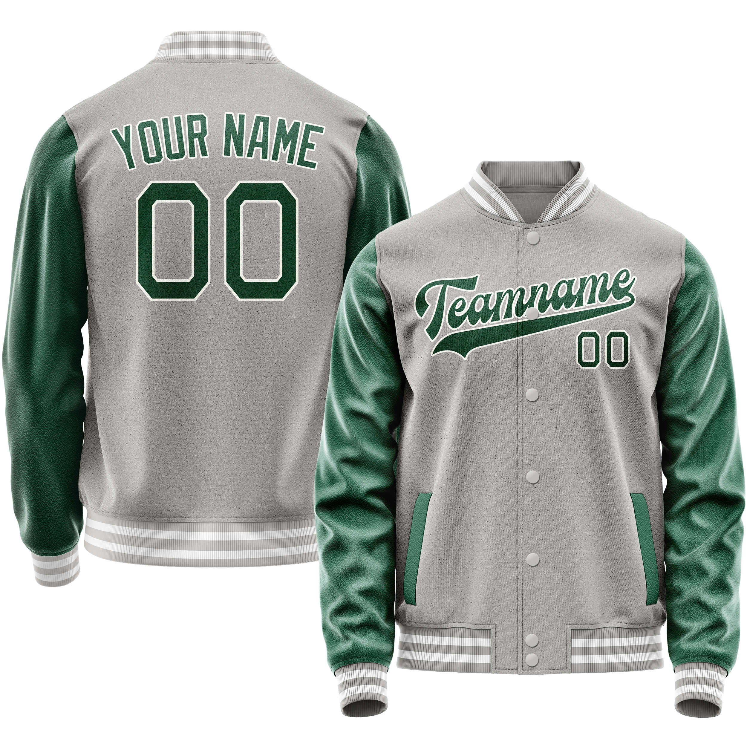 Personalized Gray & Green Solid Color Varsity Letterman Jacket