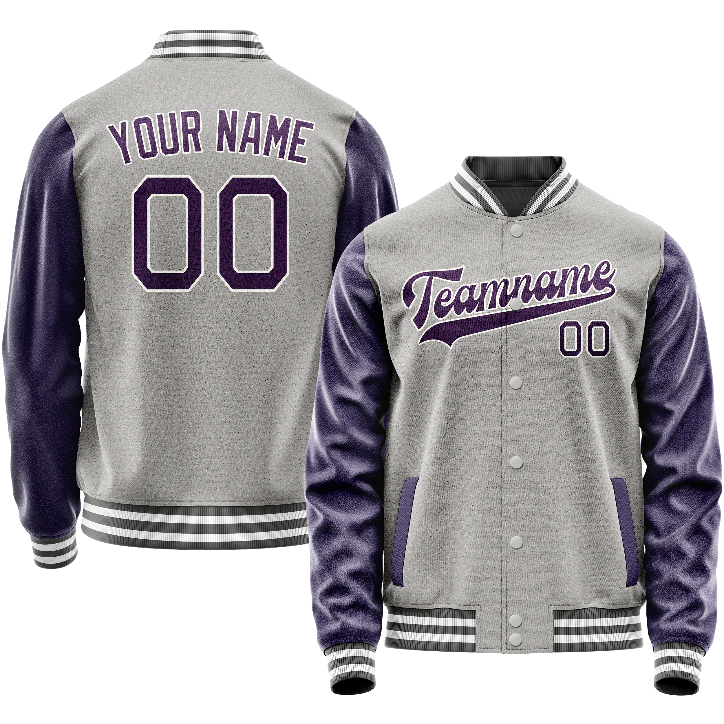 Personalized Gray & Purple Solid Color Varsity Letterman Jacket